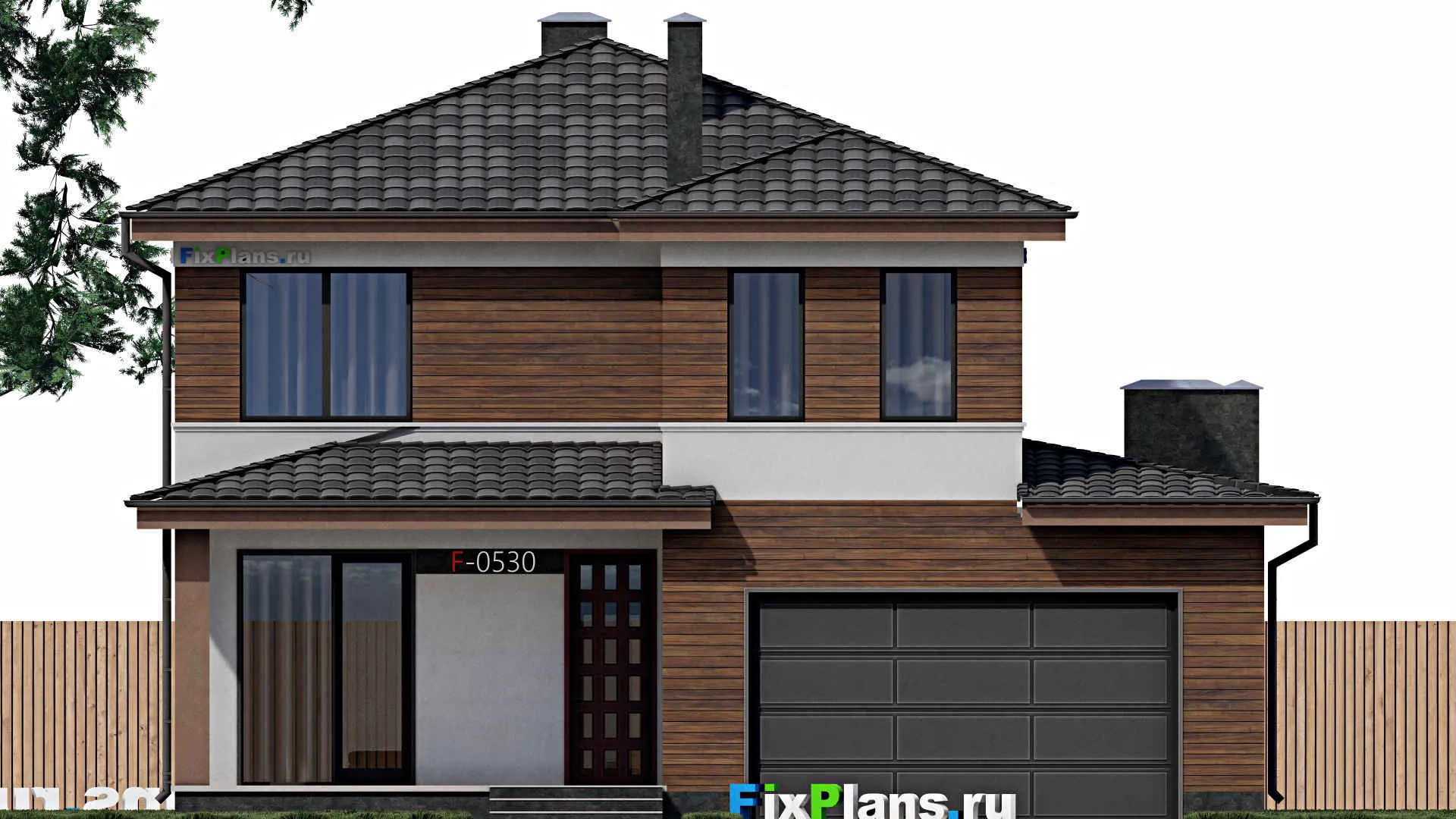 F-0530 - Проект двухэтажного дома 12 на 13, площадью 220 м² с террасой, гаражом на 1 машину и 4 спальнями