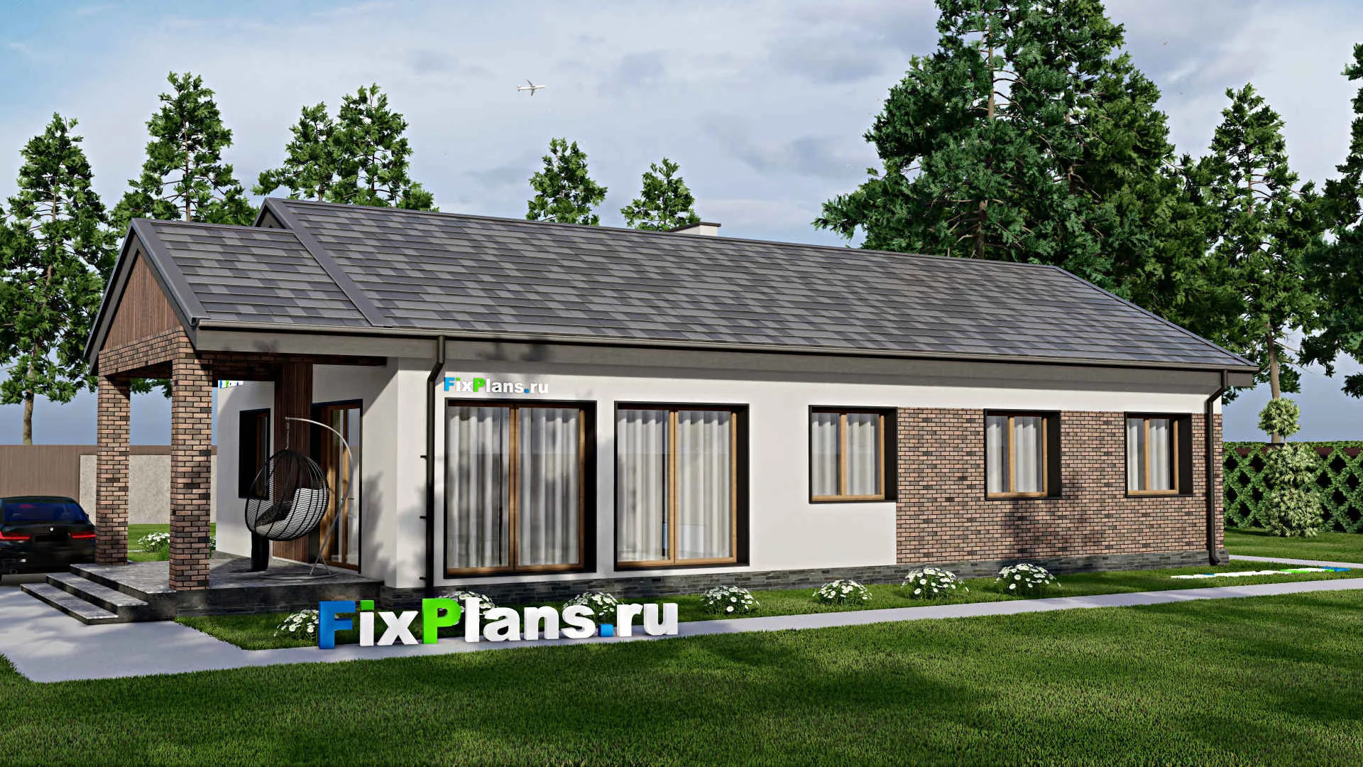 F-8837 - Проект одноэтажного дома 11 на 19, площадью 140 м² с террасой и 4 спальнями