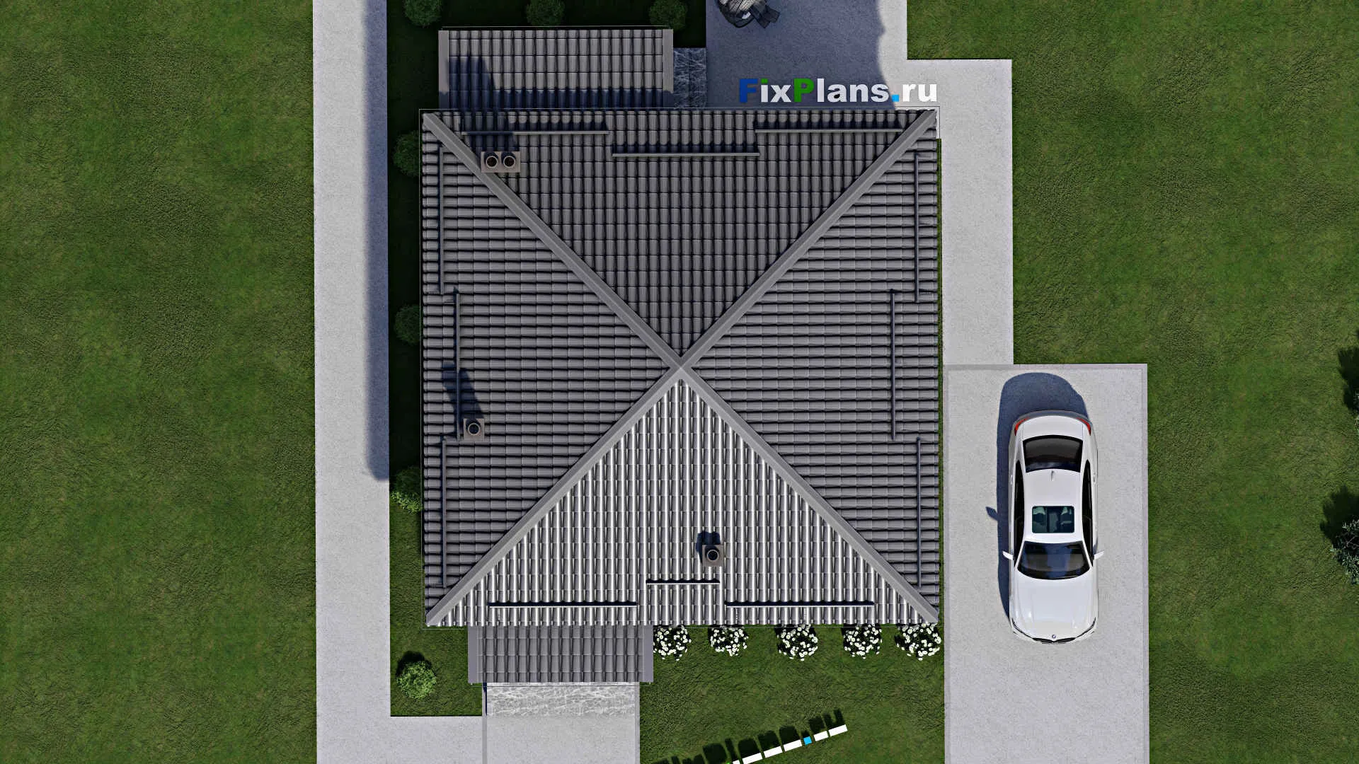 F-3338 - План одноэтажного дома 10 на 10, площадью 80 м² с террасой и 2 спальнями