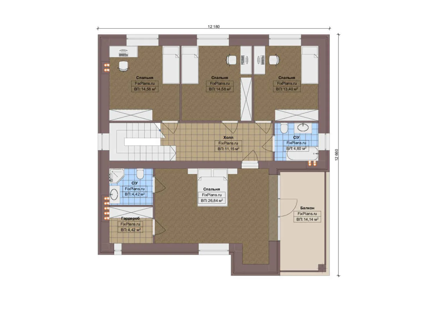 F-18026 - Планы двухэтажного дома 13 на 14, площадью 240 м² с балконом и 5 спальнями
