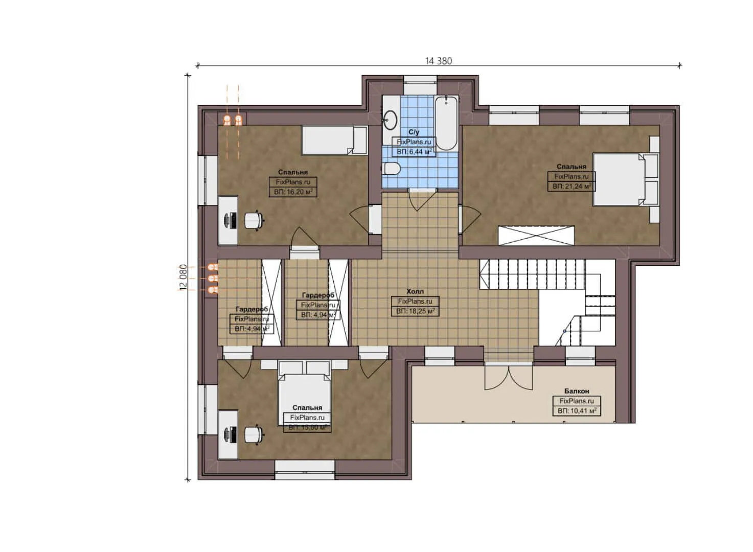 F-4481 - Планы двухэтажного дома 16 на 17, площадью 240 м² с балконом, гаражом на 2 машины и 3 спальнями