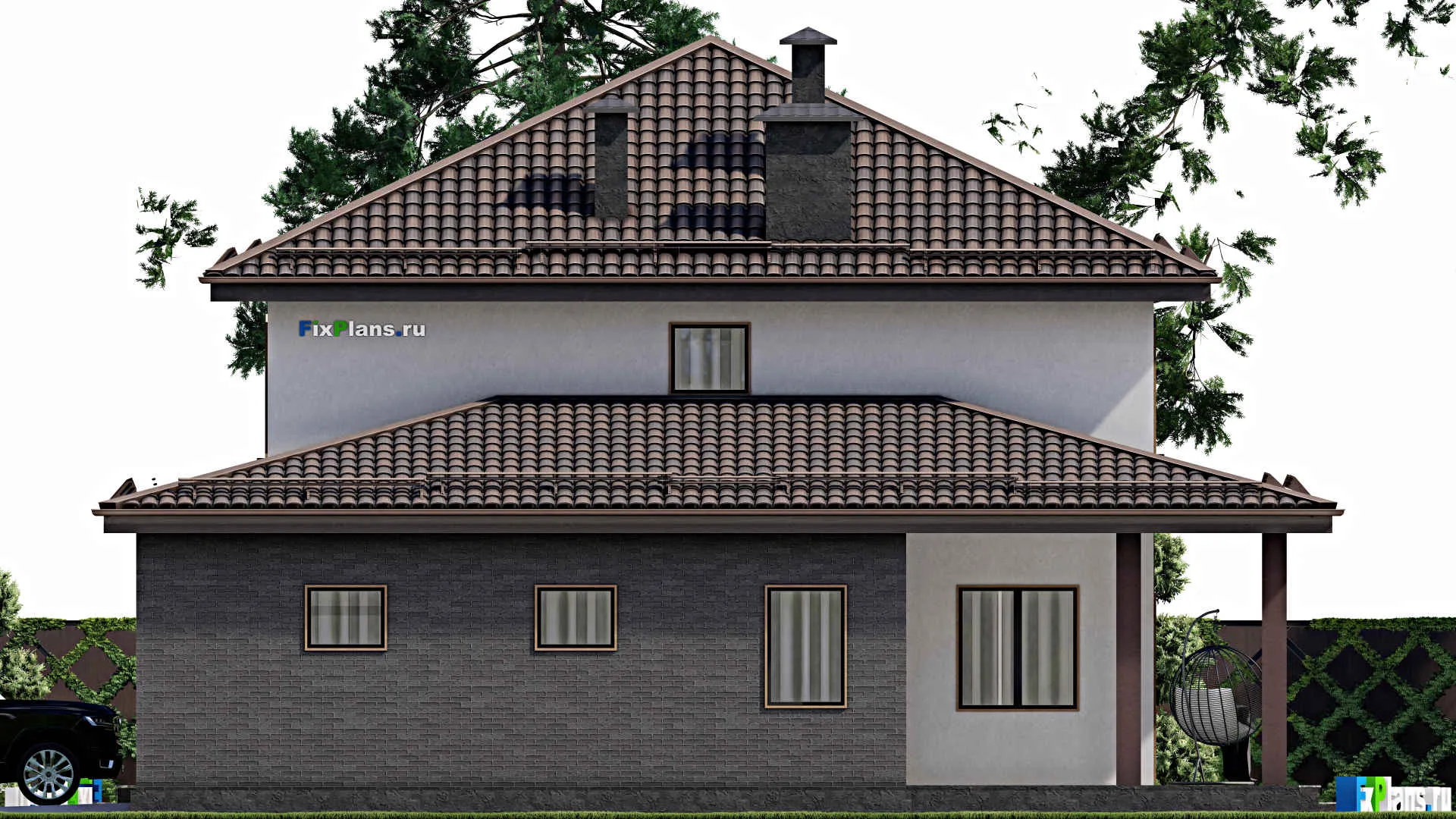 F-8063 - Планы двухэтажного дома 13 на 16, площадью 250 м² с террасой, гаражом на 1 машину и 4 спальнями