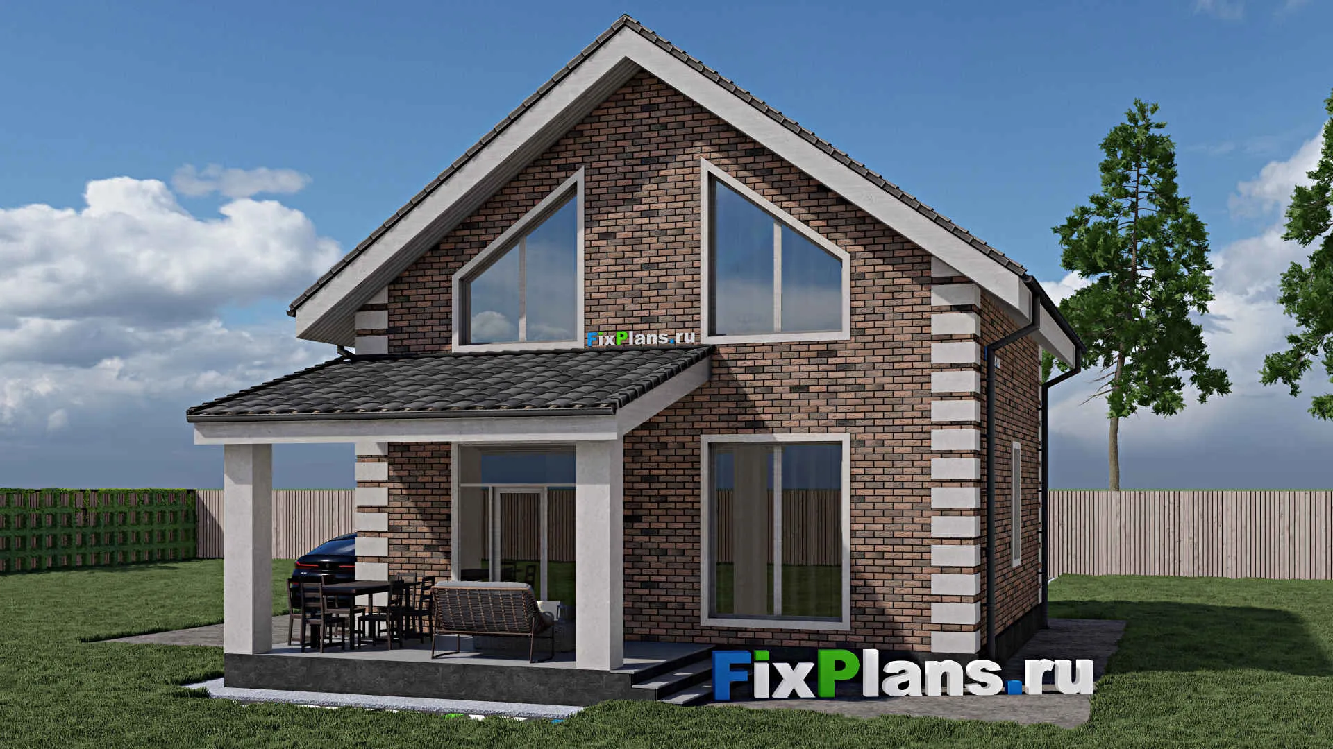 F-1196 - Проект дома с мансардой 9 на 9, площадью 120 м² с террасой и 2 спальнями