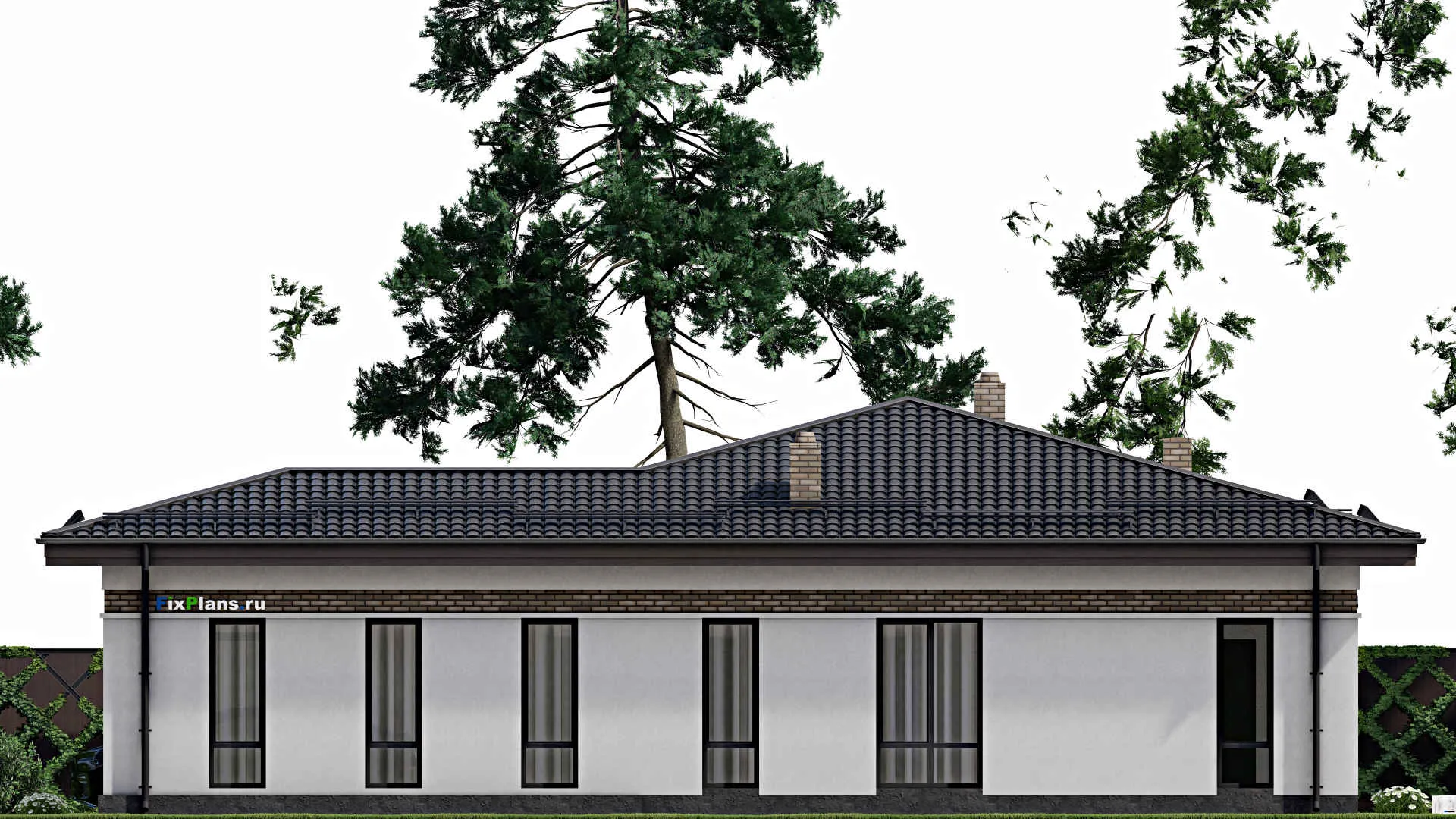 F-2168 - Проект одноэтажного дома 16 на 18, площадью 180 м² с террасой, баней, гаражом на 1 машину и 2 спальнями