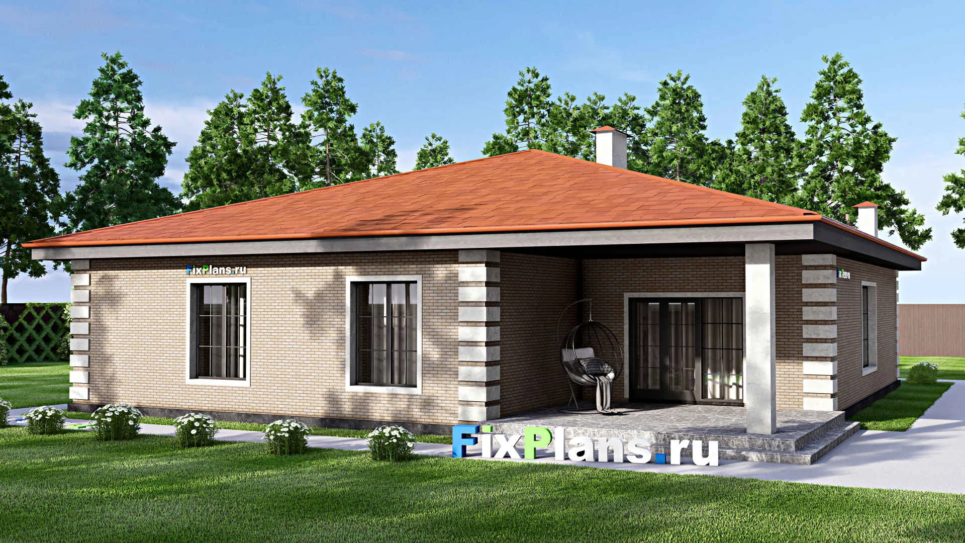 F-15290 - Проект одноэтажного дома 16 на 19, площадью 220 м² с террасой, гаражом на 1 машину и 3 спальнями