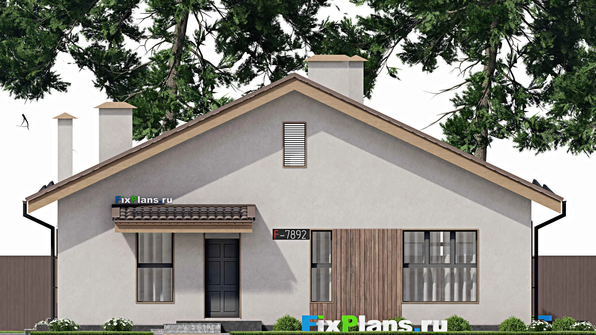 F-7892 - Проект одноэтажного дома 13 на 13, площадью 150 м² с террасой и 3 спальнями