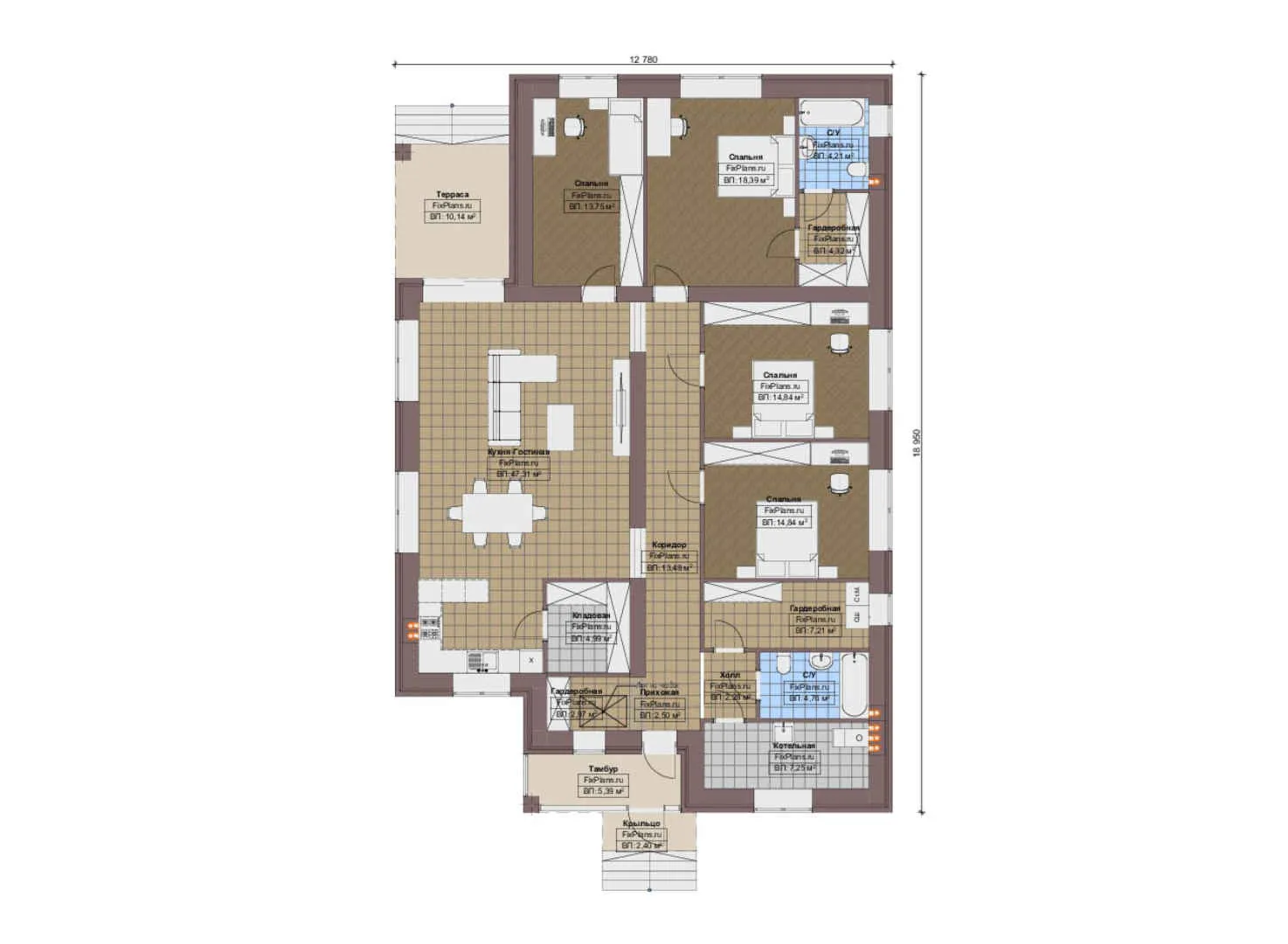 F-19034 - План одноэтажного дома 13 на 19, площадью 190 м² с террасой и 4 спальнями