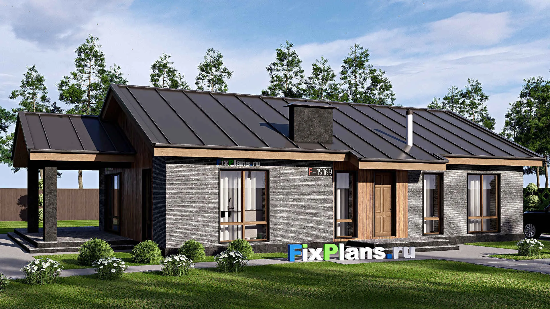 F-19169 - Проект одноэтажного дома 15 на 19, площадью 170 м² с террасой и 3 спальнями