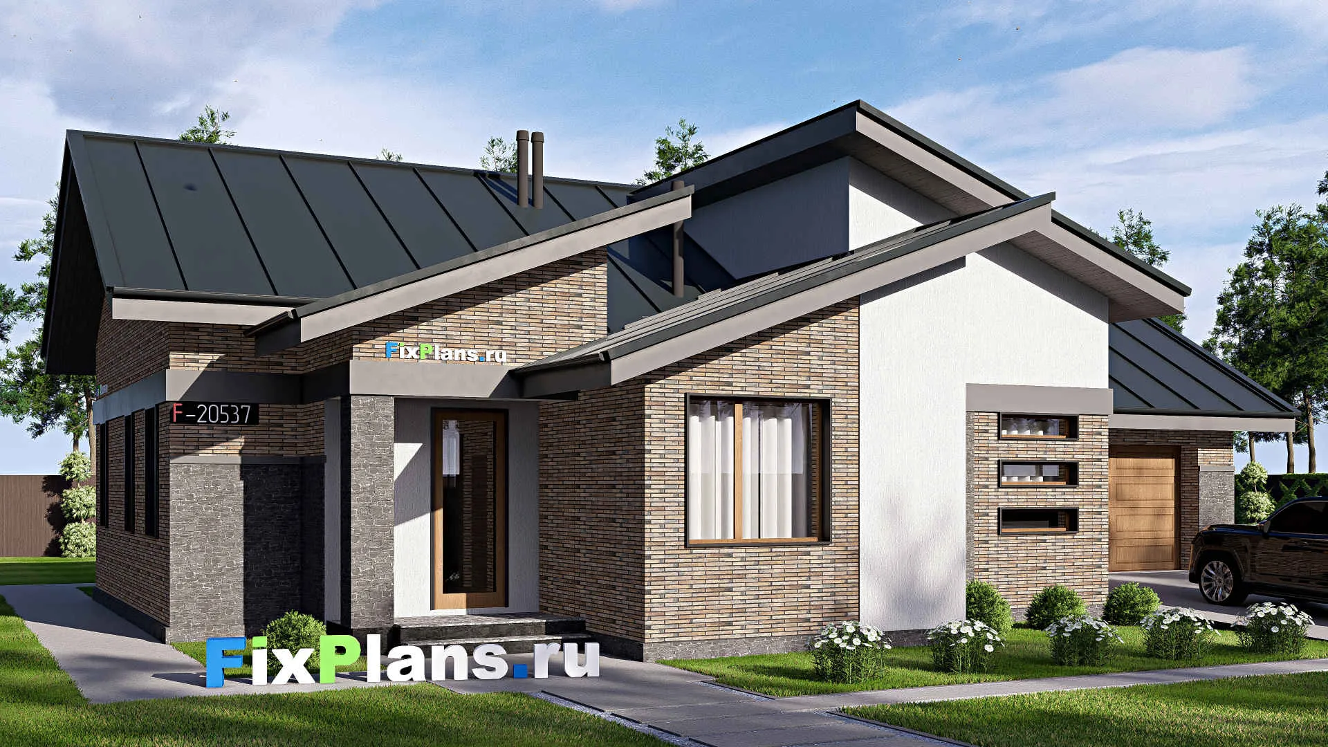 F-20537 - Проект одноэтажного дома 17 на 20, площадью 180 м² с террасой, гаражом на 2 машины и 2 спальнями