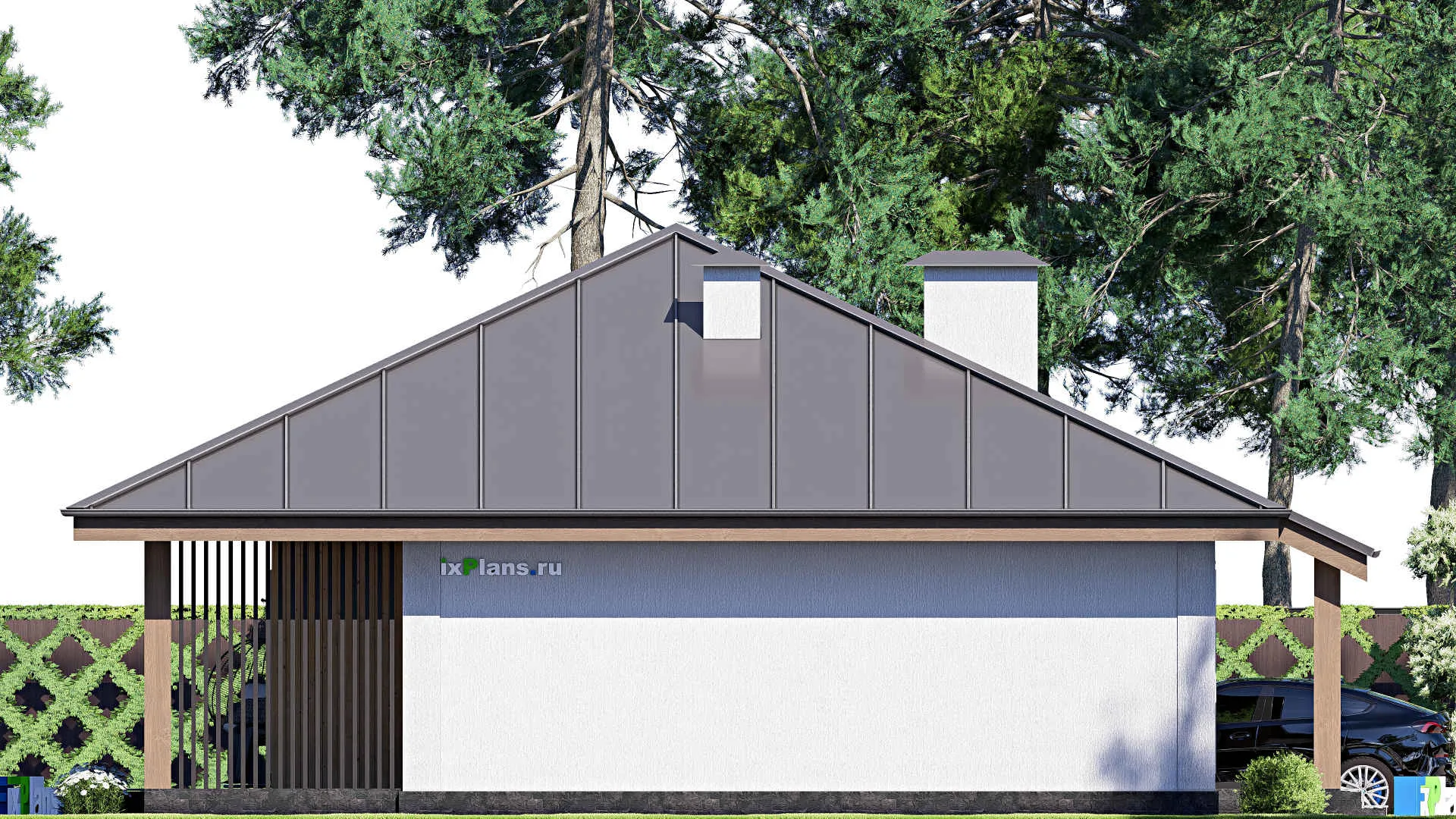 F-17585 - Проект одноэтажного дома 13 на 14, площадью 130 м² с террасой и 3 спальнями