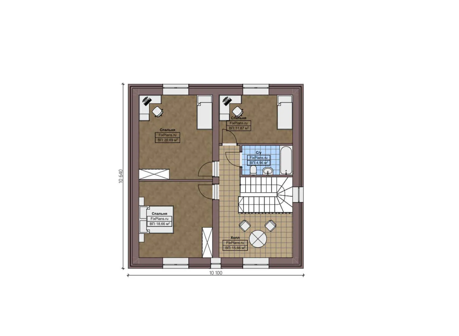 F-2375 - Планы дома с мансардой 14 на 16, площадью 240 м² с террасой, гаражом на 2 машины и 3 спальнями