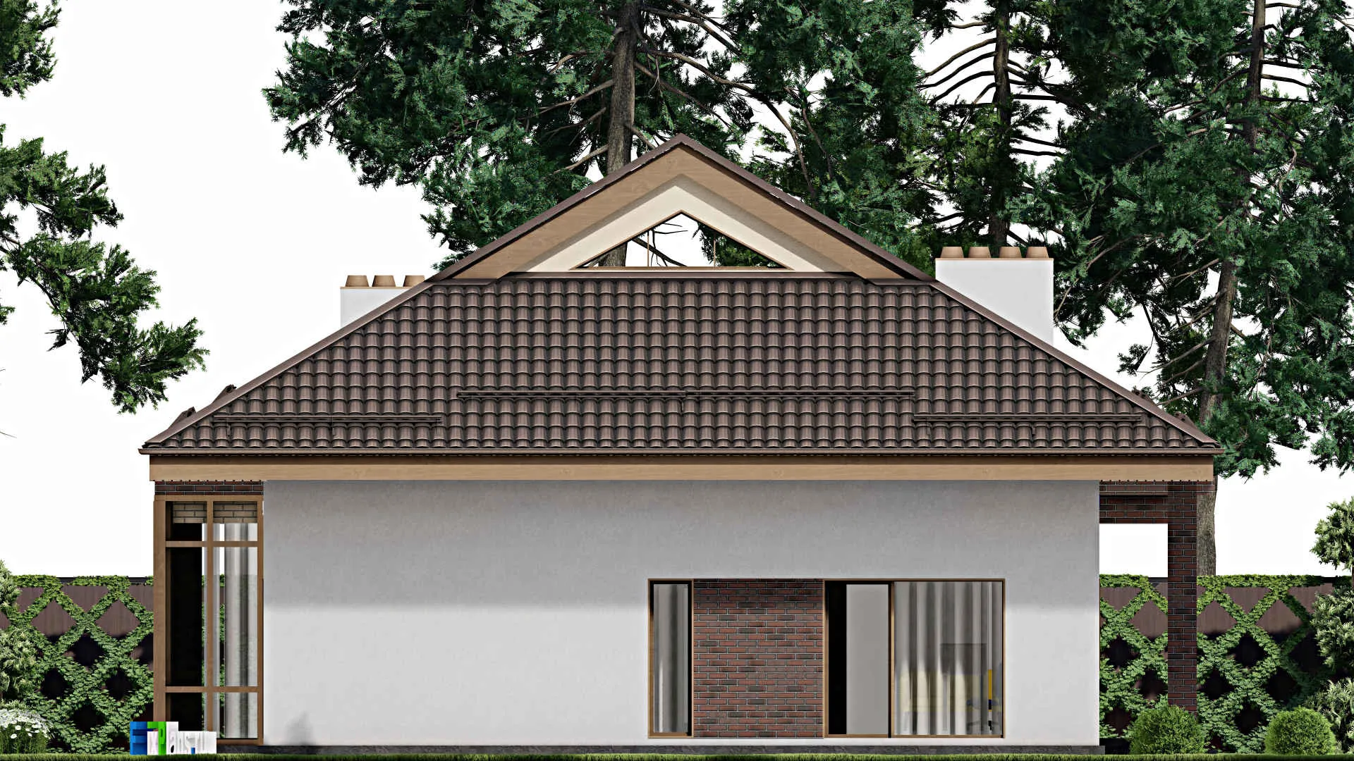 F-2681 - Проект одноэтажного дома 14 на 26, площадью 210 м² с террасой, баней и 2 спальнями