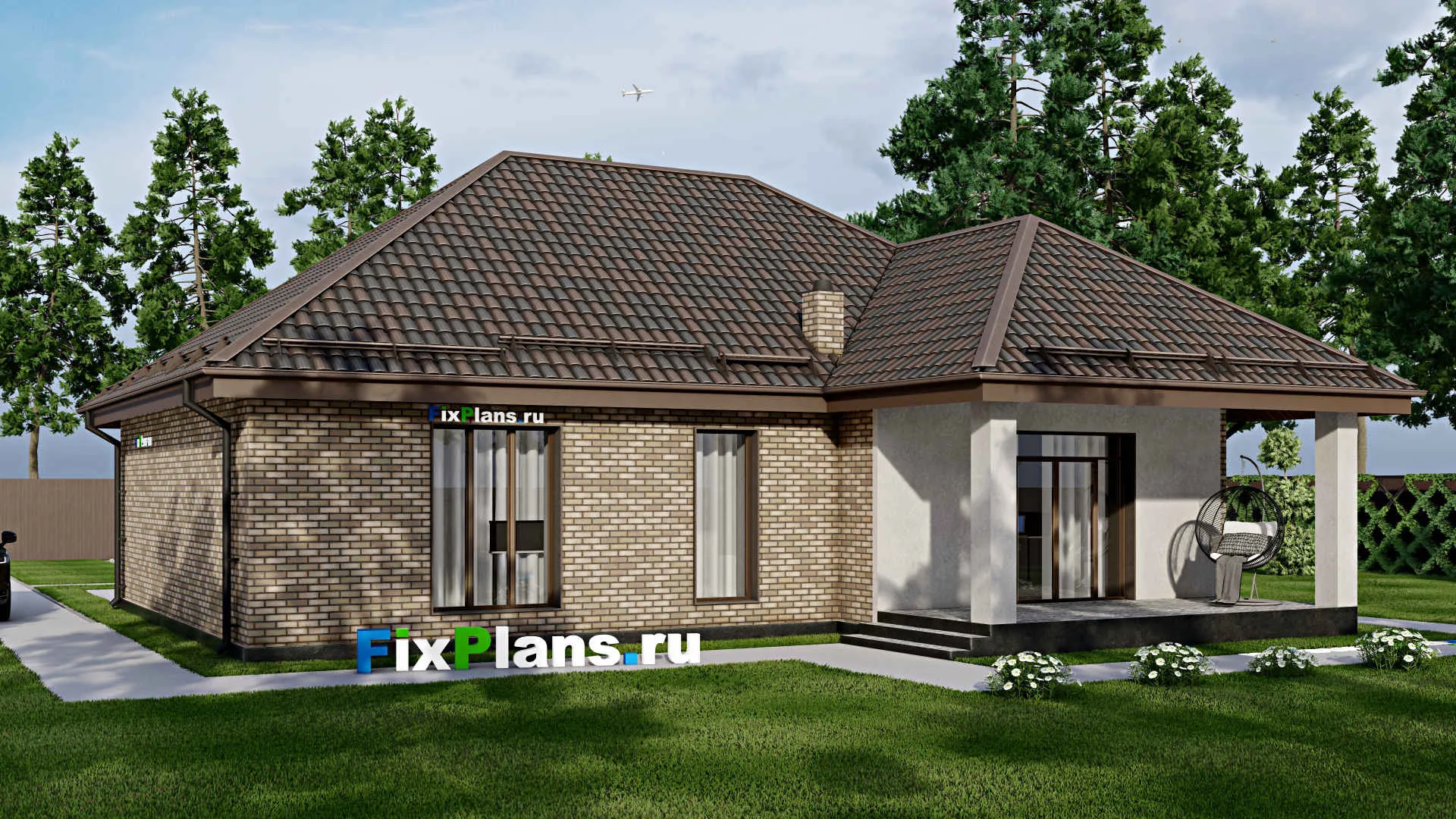 F-8018 - Проект одноэтажного дома 14 на 15, площадью 150 м² с террасой и 3 спальнями