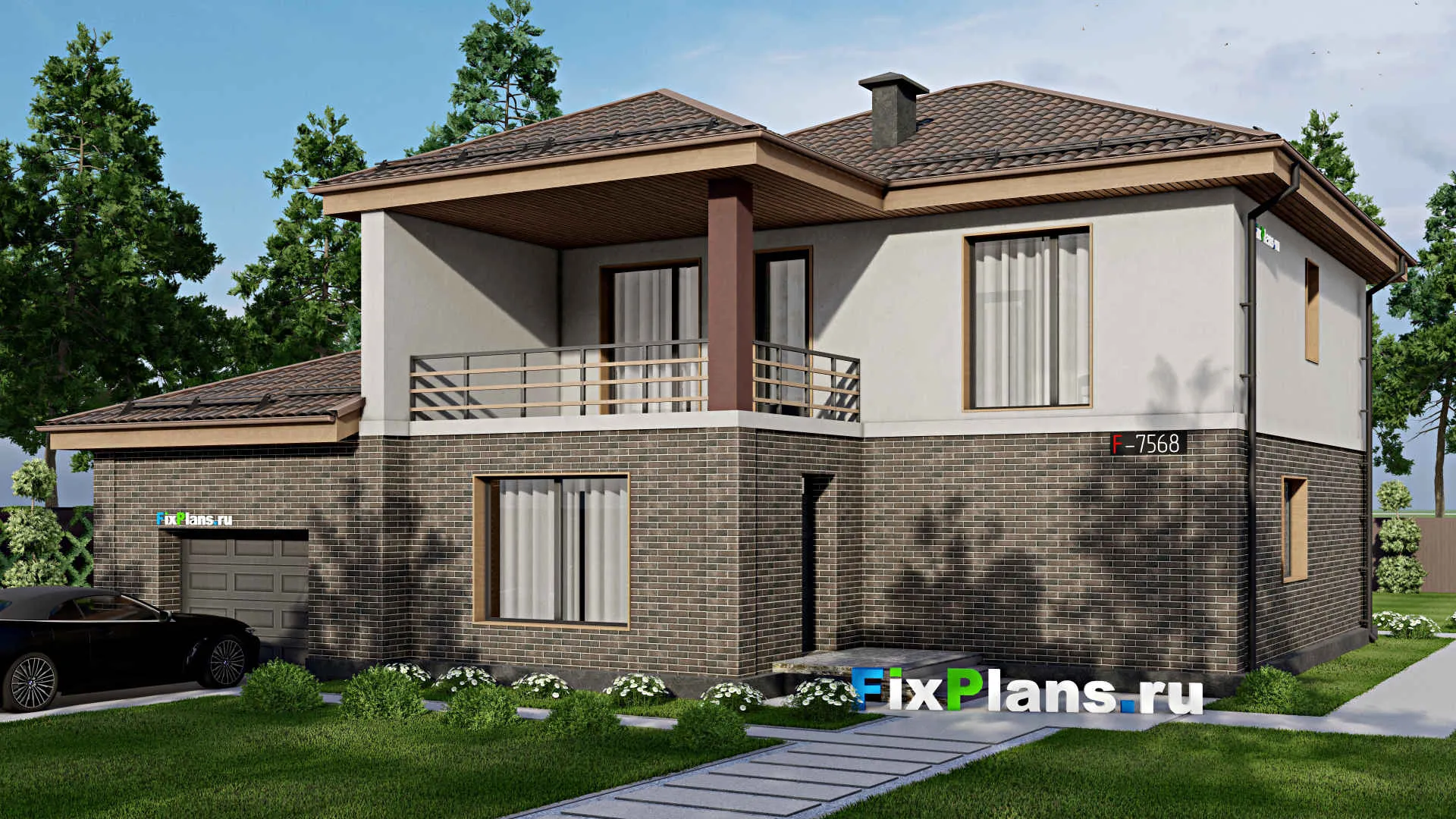 F-7568 - Проект двухэтажного дома 14 на 16, площадью 230 м² с балконом, гаражом на 1 машину и 3 спальнями