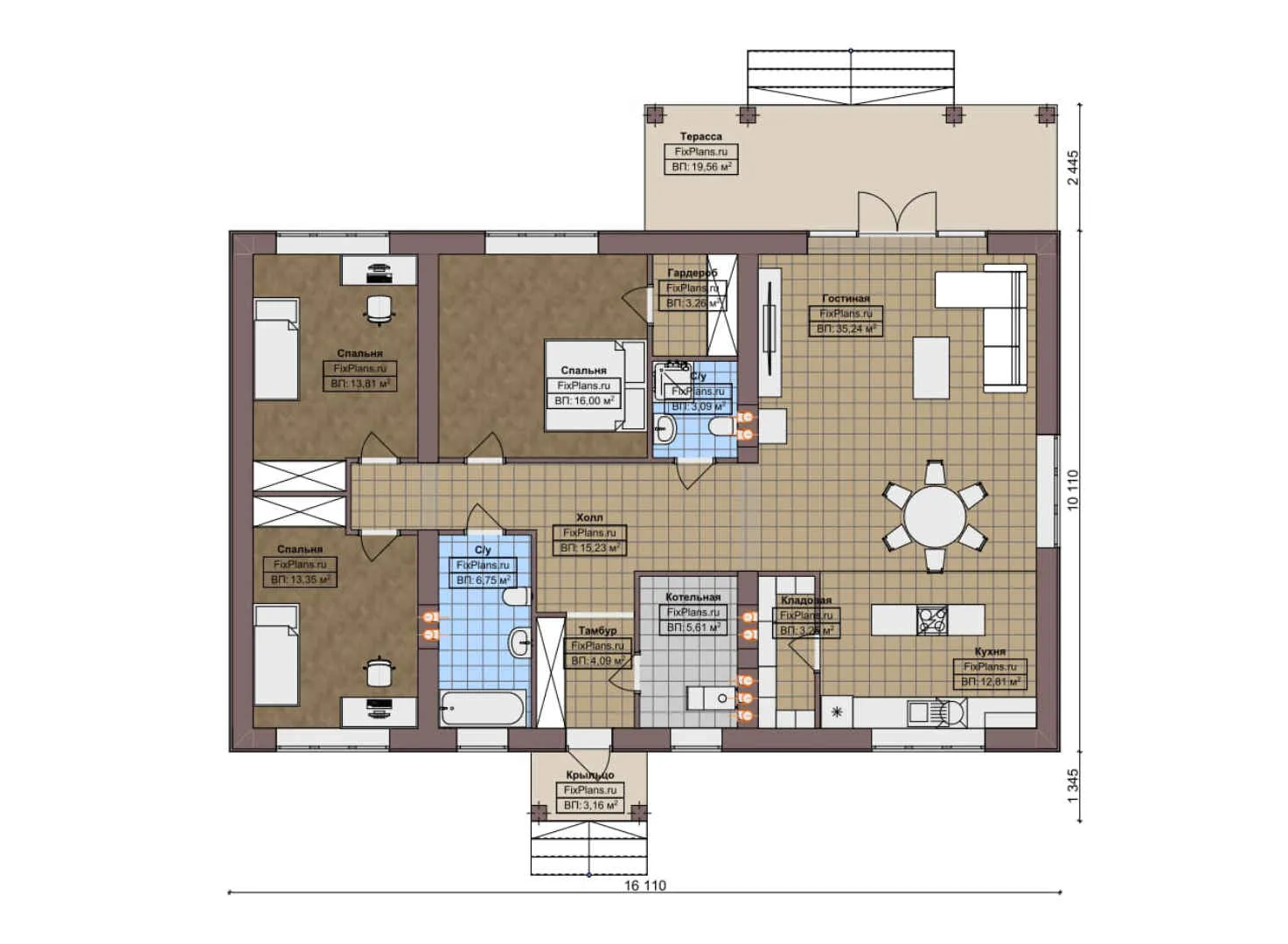 F-8081 - План одноэтажного дома 11 на 17, площадью 160 м² с террасой и 3 спальнями
