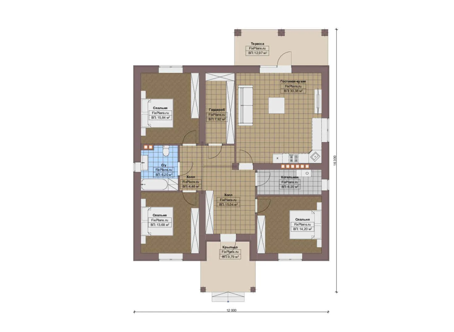F-14066 - План одноэтажного дома 12 на 17, площадью 140 м² с террасой и 3 спальнями