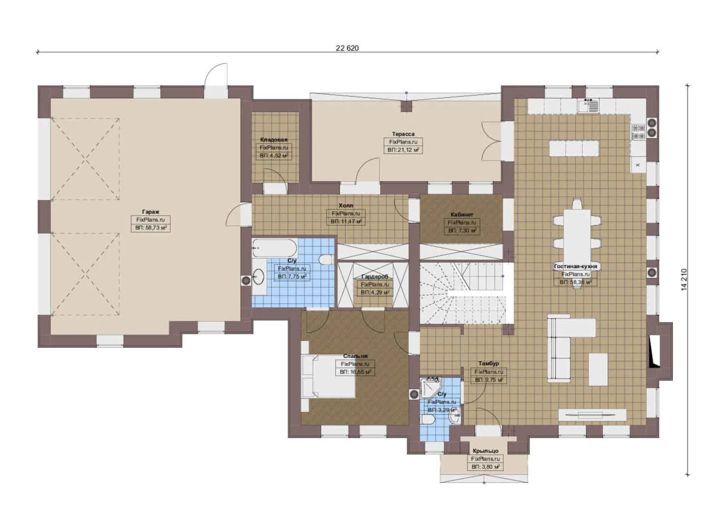 F-17288 - Планы дома с мансардой 15 на 23, площадью 260 м² с террасой, гаражом на 2 машины и 3 спальнями