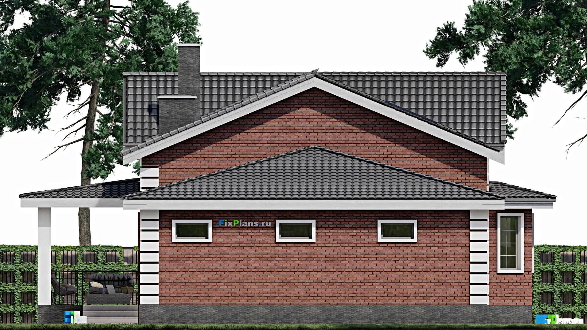F-1034 - Планы дома с мансардой 12 на 17, площадью 240 м² с террасой, гаражом на 2 машины и 3 спальнями