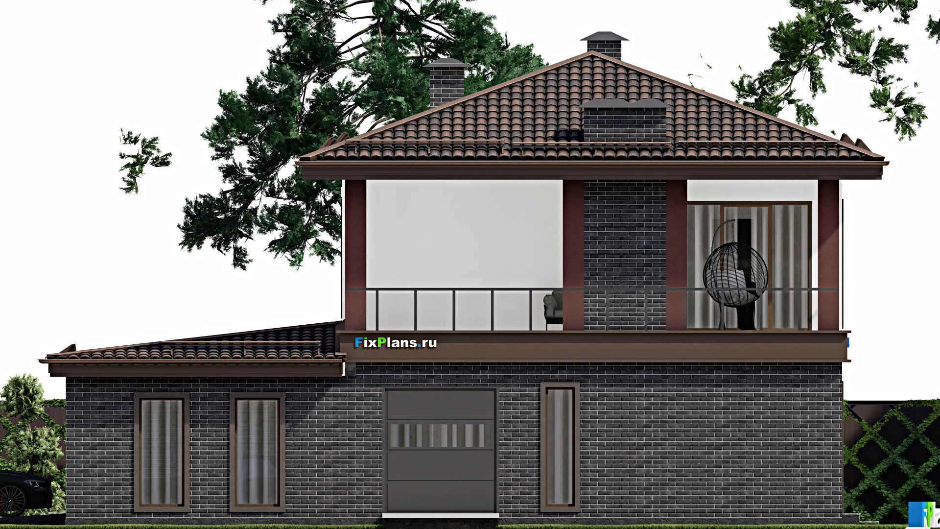 F-7946 - Проект двухэтажного дома 15 на 18, площадью 310 м² с террасой, баней, гаражом на 2 машины и 2 спальнями