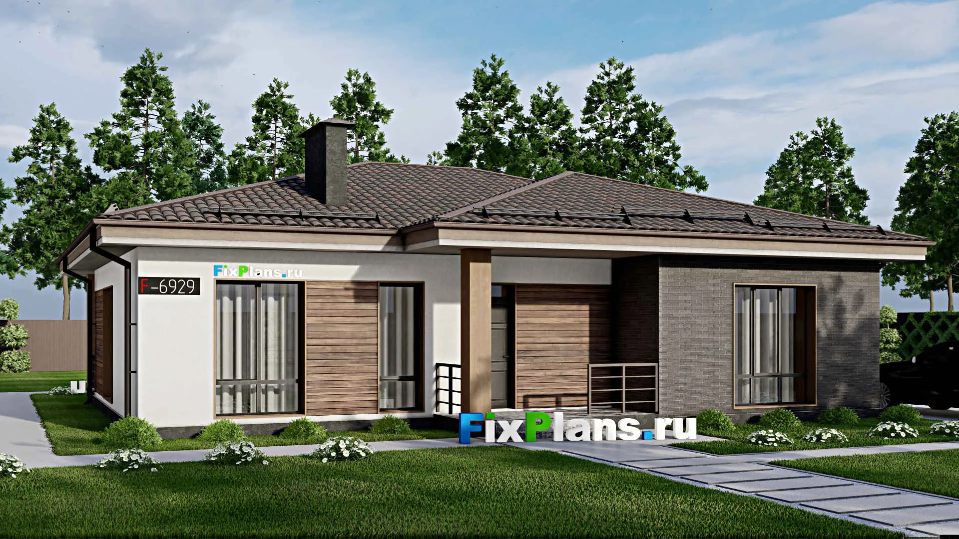 F-6929 - Проект одноэтажного дома 14 на 15, площадью 140 м² с террасой и 3 спальнями