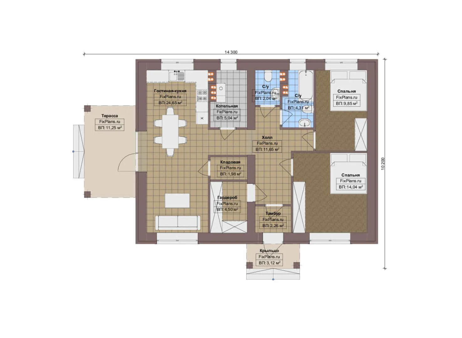F-14075 - План одноэтажного дома 11 на 15, площадью 100 м² с террасой и 2 спальнями