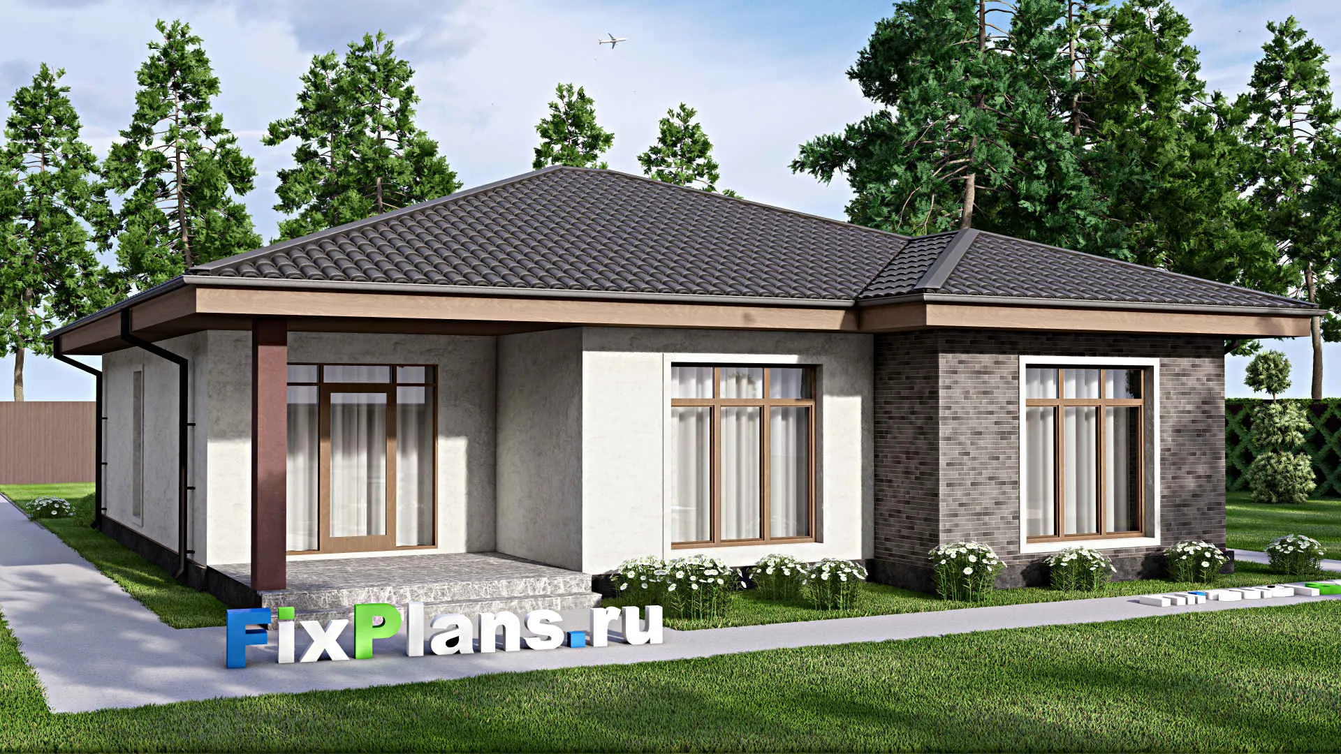 F-12536 - Проект одноэтажного дома 13 на 15, площадью 140 м² с террасой и 3 спальнями