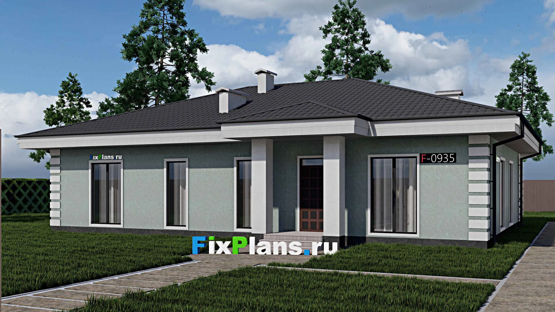 F-0935 - Проект одноэтажного дома 12 на 17, площадью 190 м² с террасой и 3 спальнями