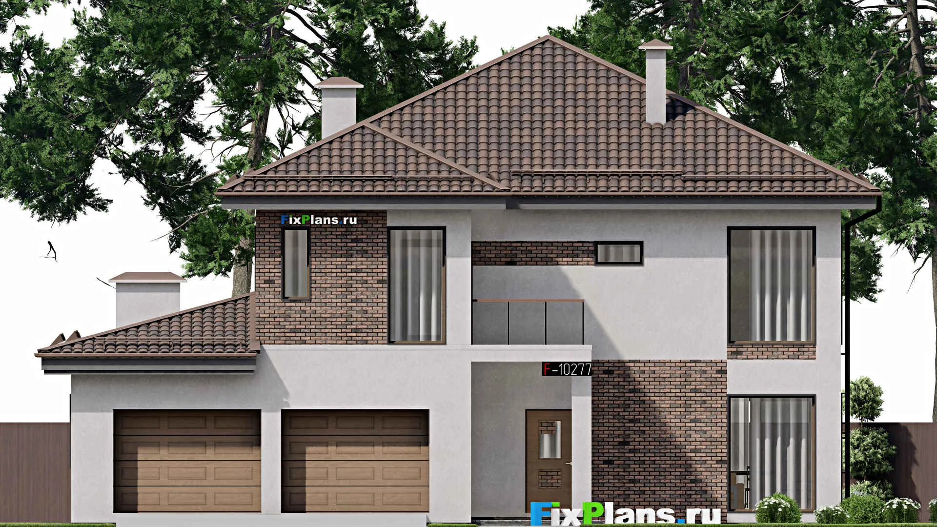 F-10277 - Проект двухэтажного дома 16 на 17, площадью 300 м² с террасой, балконом, баней, гаражом на 2 машины и 5 спальнями