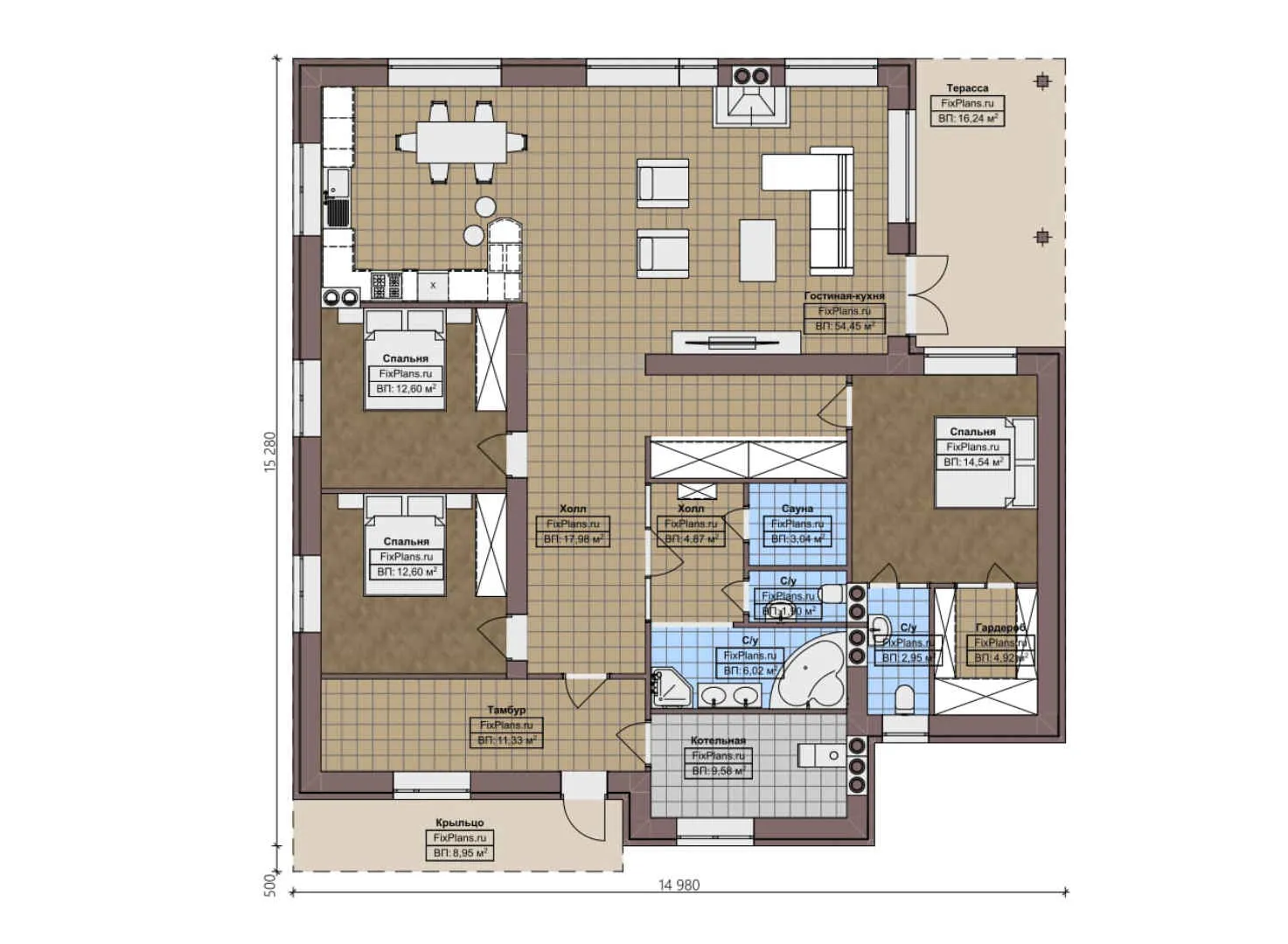 F-4940 - План одноэтажного дома 15 на 16, площадью 190 м² с террасой, баней и 3 спальнями