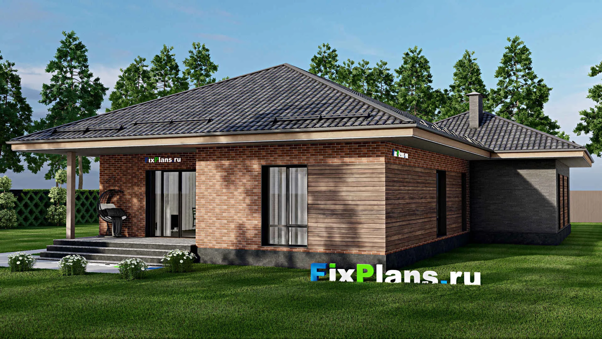 F-2429 - Проект одноэтажного дома 16 на 22, площадью 200 м² с террасой, гаражом на 2 машины и 2 спальнями