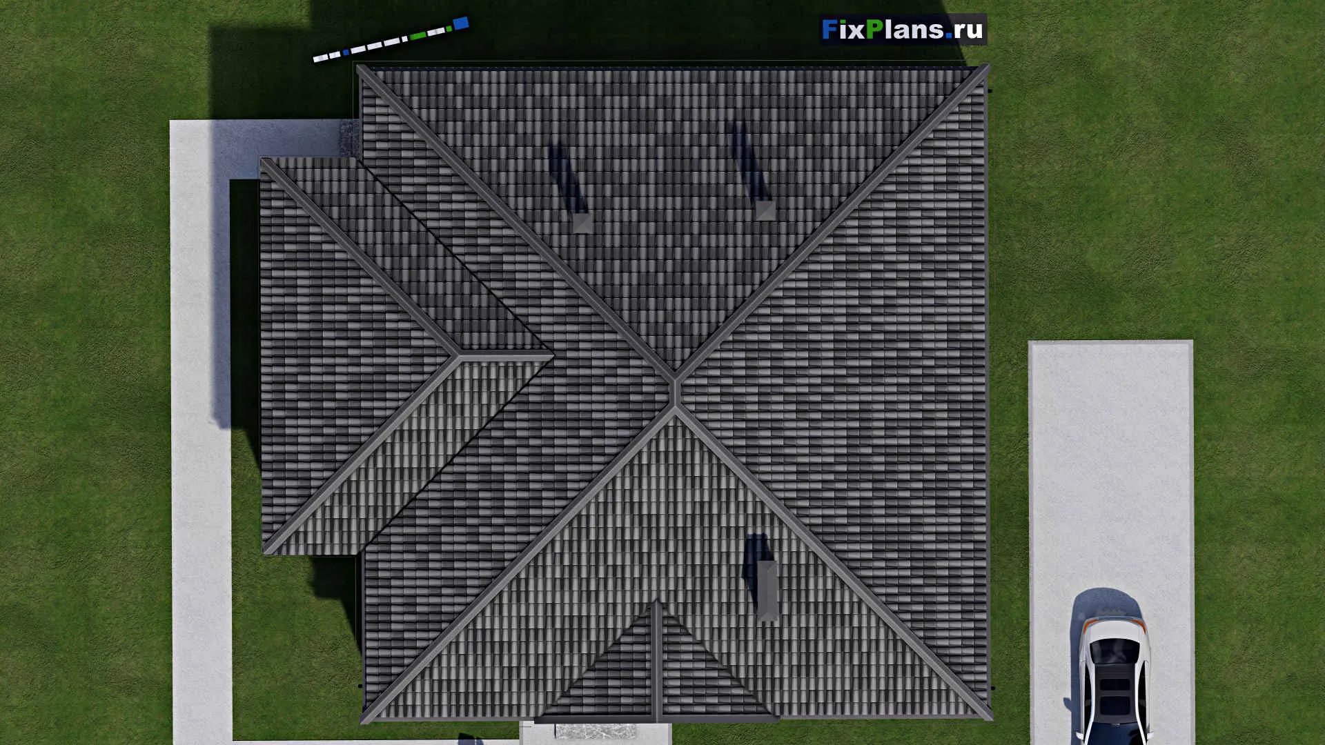 F-1745 - Проект одноэтажного дома 16 на 18, площадью 210 м² с террасой, баней и 2 спальнями