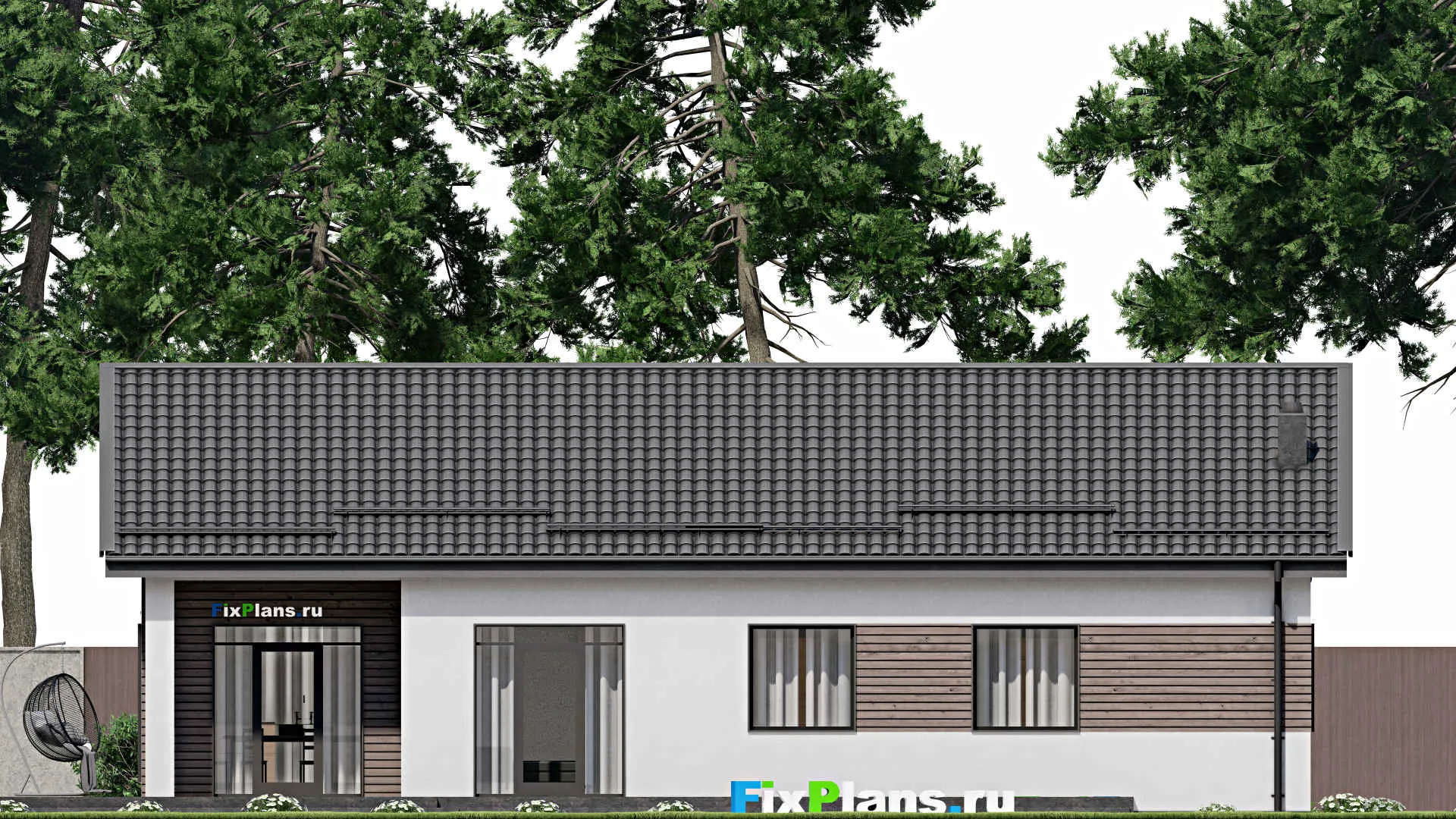 F-3149 - Проект одноэтажного дома 11 на 17, площадью 180 м² с террасой, баней и 3 спальнями