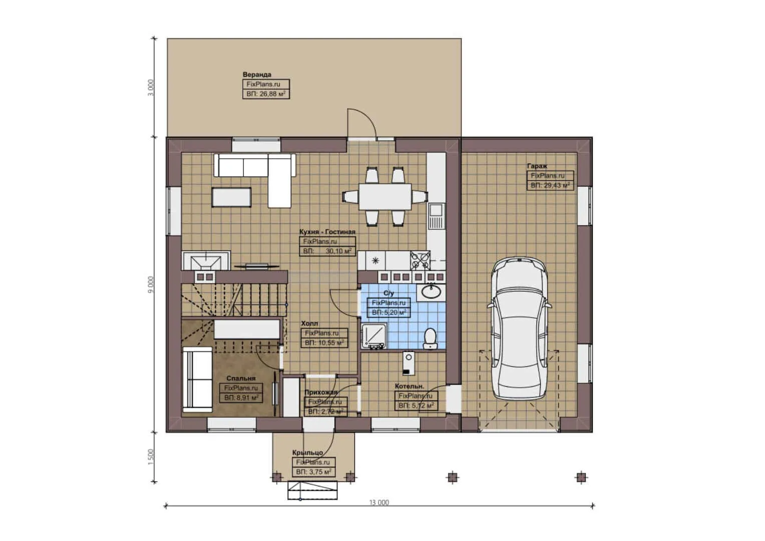 F-1583 - Планы двухэтажного дома 9 на 13, площадью 180 м² с террасой, гаражом на 1 машину и 4 спальнями