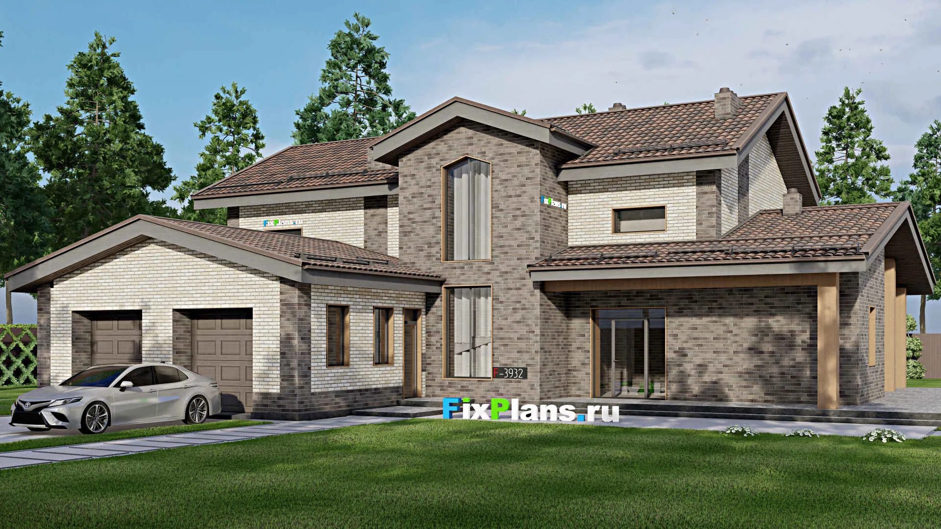 F-3932 - Проект дома с мансардой 20 на 20, площадью 390 м² с террасой, гаражом на 2 машины и 3 спальнями