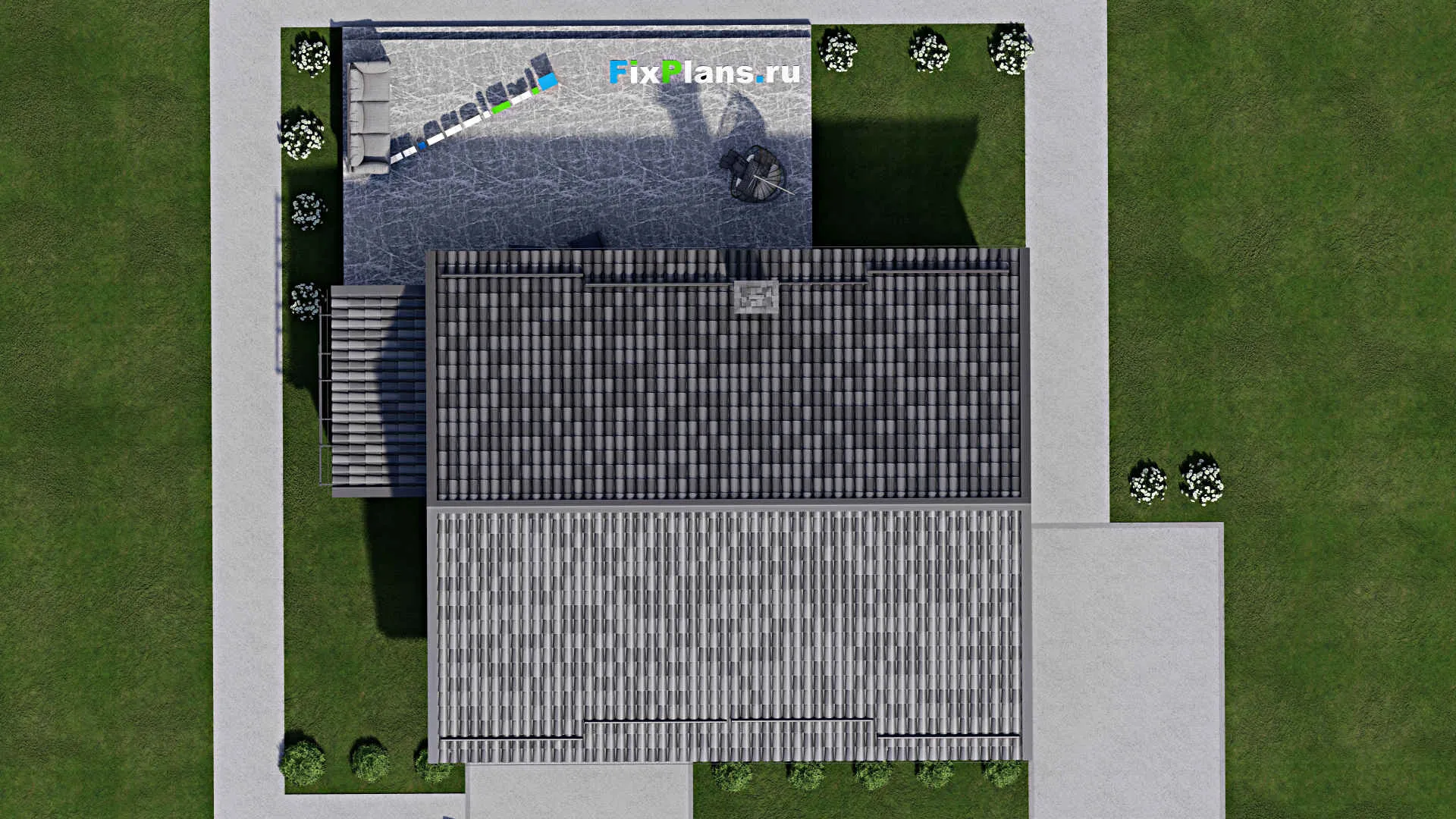 F-10988 - Проект одноэтажного дома 14 на 15, площадью 150 м² с террасой и 2 спальнями