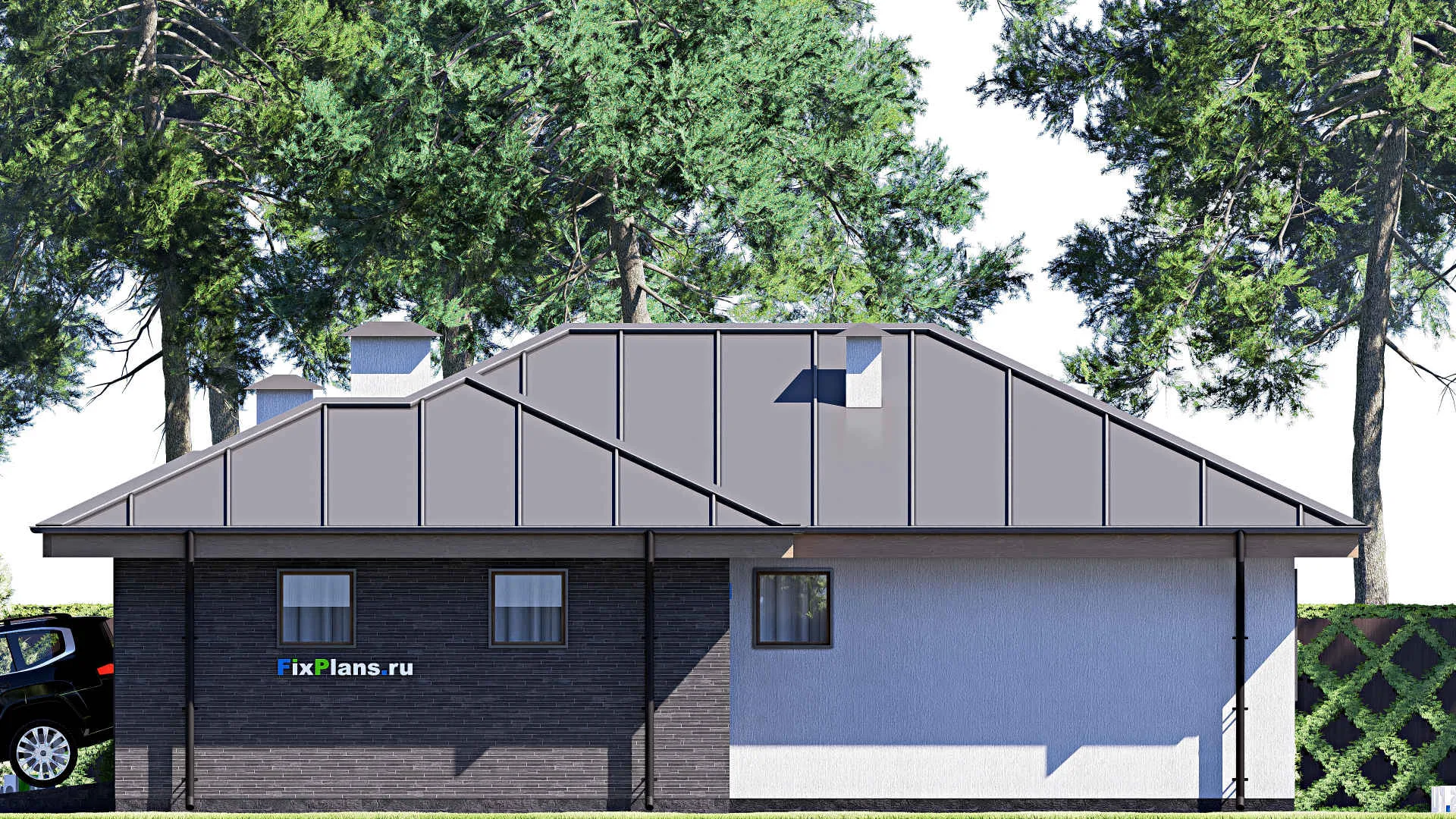 F-17873 - Проект одноэтажного дома 14 на 15, площадью 120 м² с террасой, гаражом на 1 машину и 2 спальнями