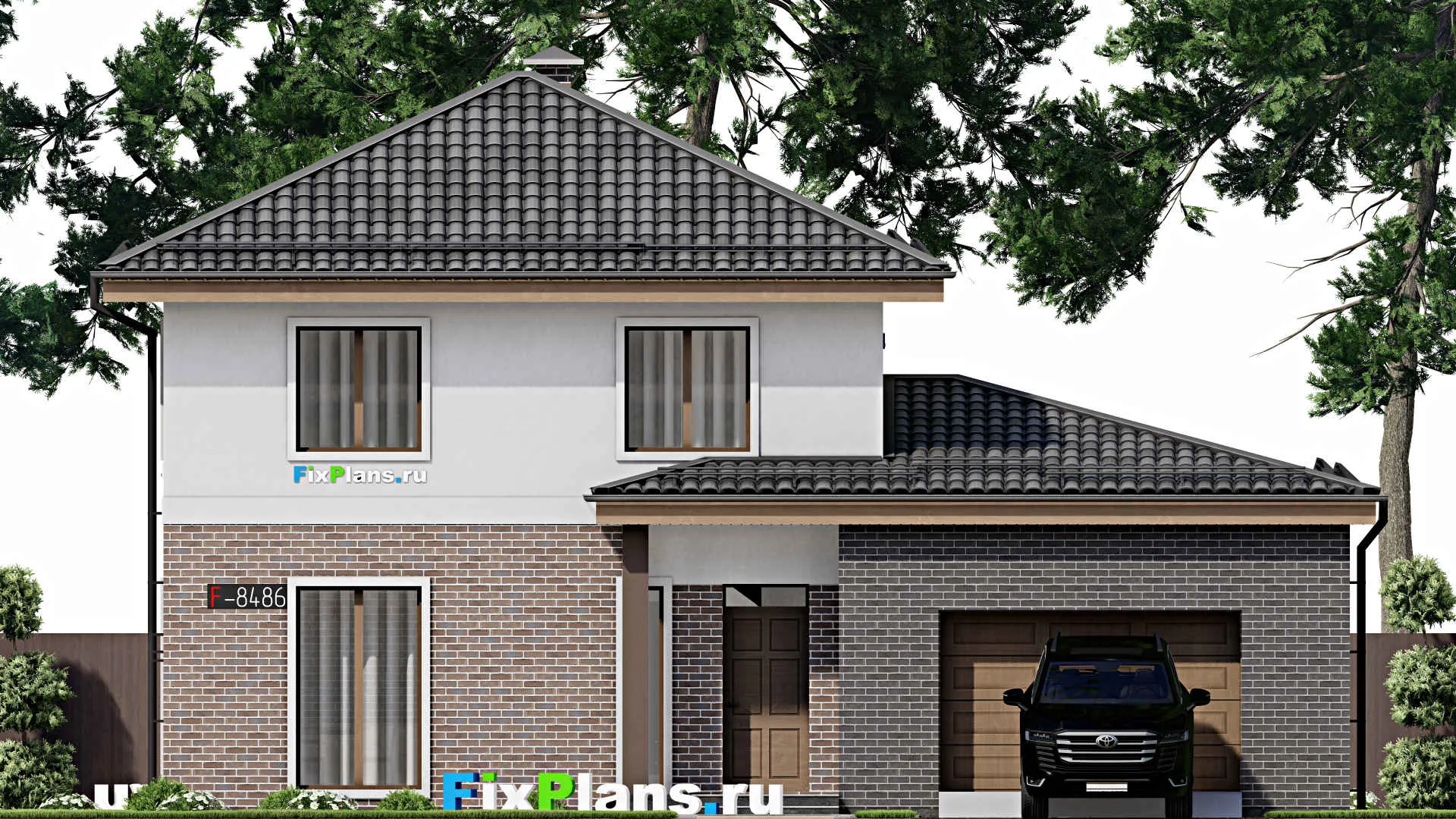 F-8486 - Проект двухэтажного дома 10 на 14, площадью 140 м² с гаражом на 2 машины и 3 спальнями