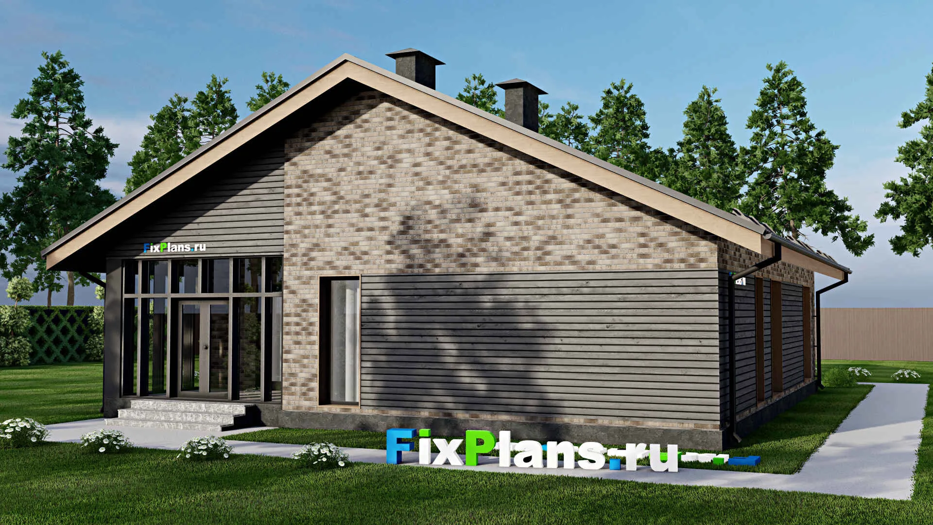 F-5966 - Проект одноэтажного дома 13 на 14, площадью 150 м² с террасой, баней и 2 спальнями