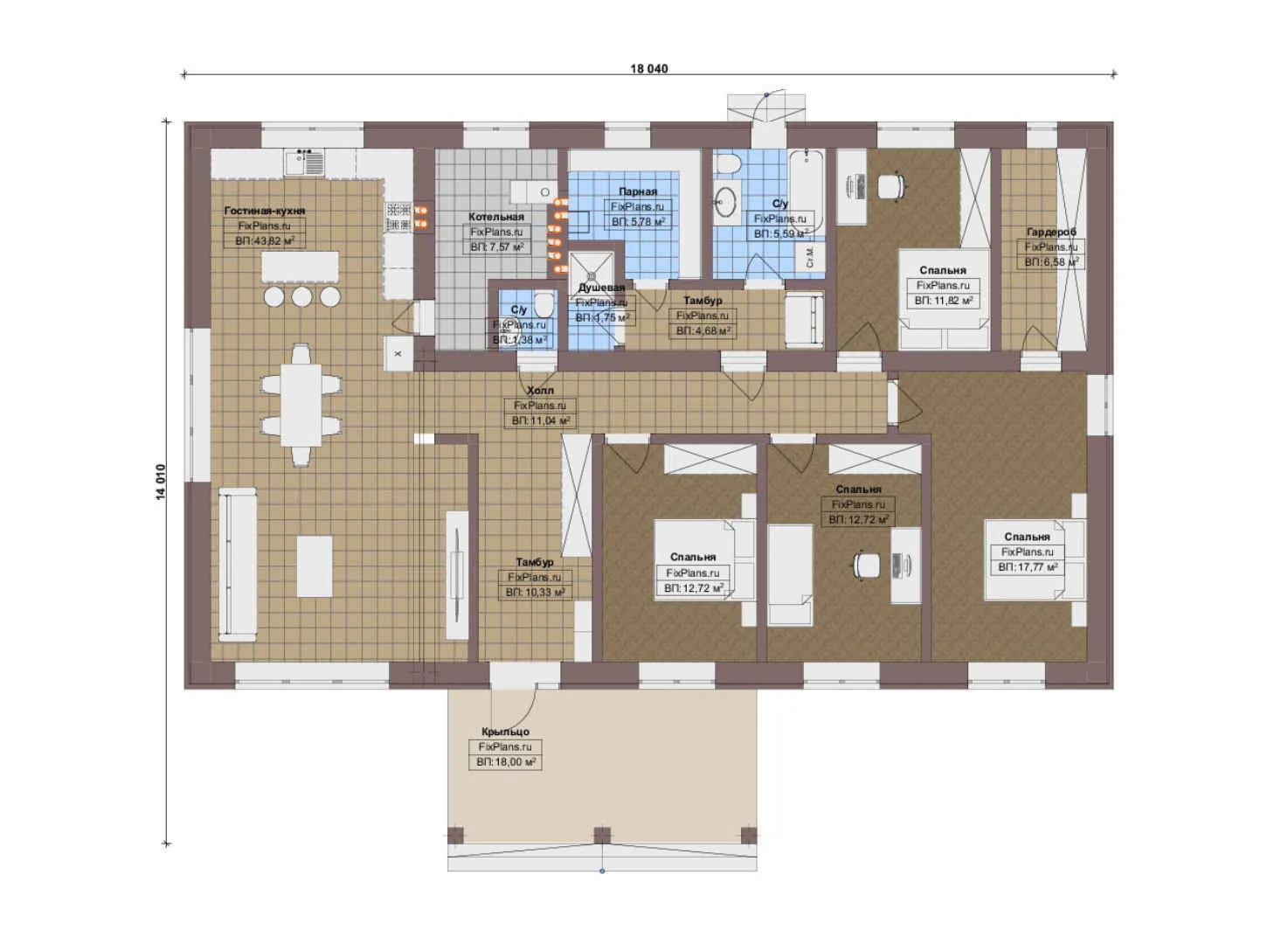 F-17666 - План одноэтажного дома 15 на 19, площадью 180 м² с баней и 4 спальнями