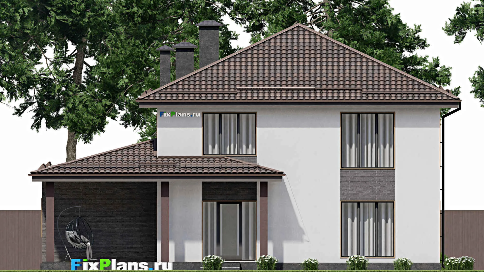 F-8063 - Планы двухэтажного дома 13 на 16, площадью 250 м² с террасой, гаражом на 1 машину и 4 спальнями