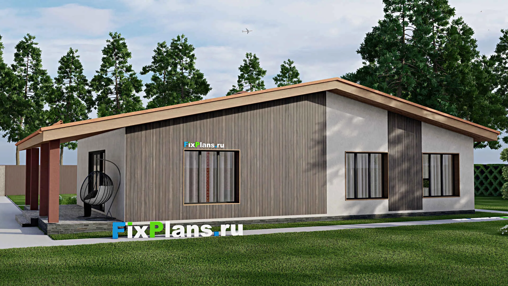 F-9926 - Проект одноэтажного дома 12 на 19, площадью 170 м² с террасой и 3 спальнями