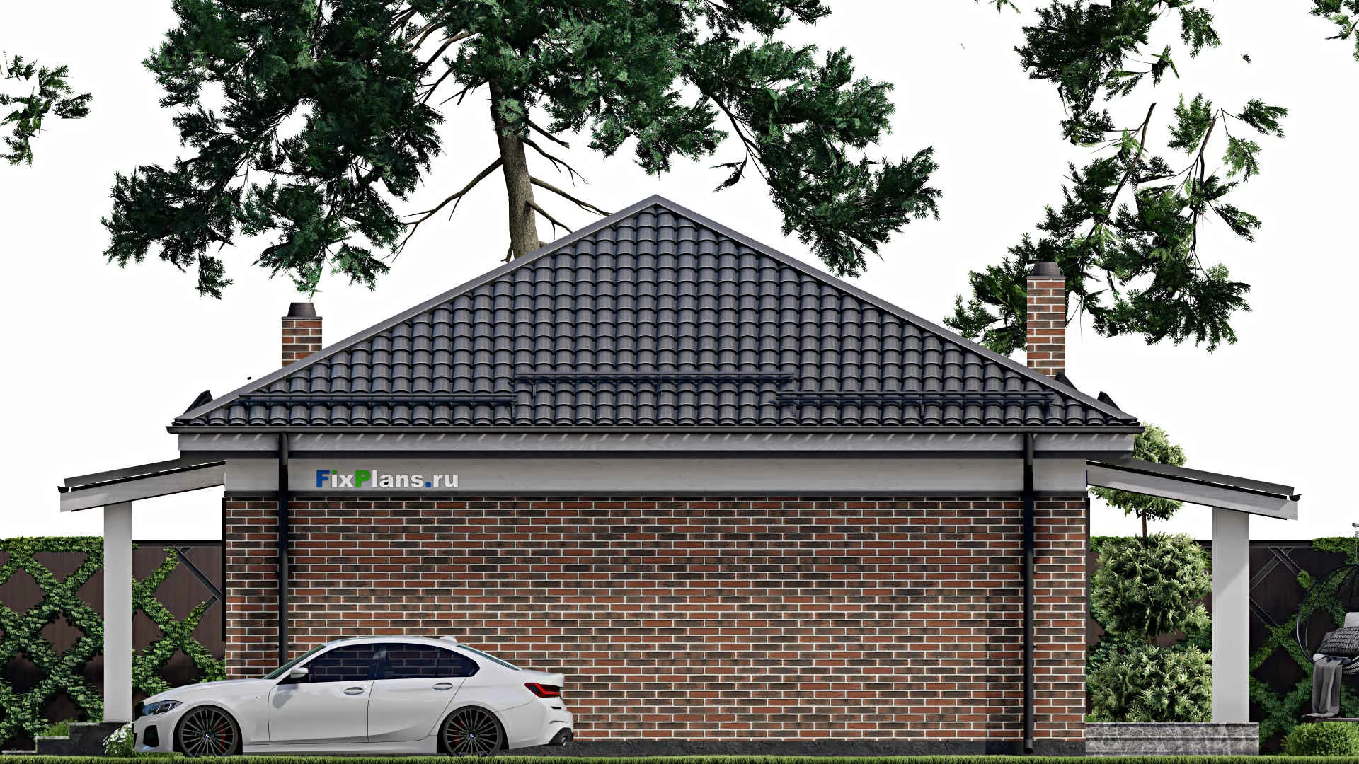 F-3338 - План одноэтажного дома 10 на 10, площадью 80 м² с террасой и 2 спальнями