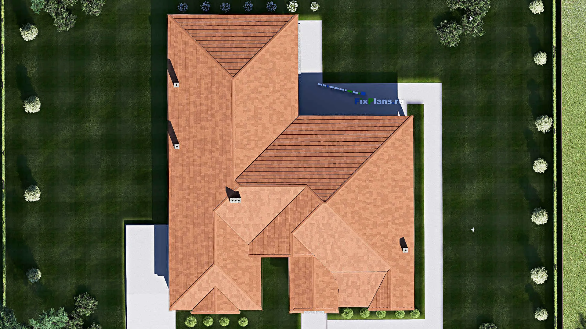 F-17279 - Проект одноэтажного дома 20 на 24, площадью 310 м² с террасой, гаражом на 2 машины и 4 спальнями