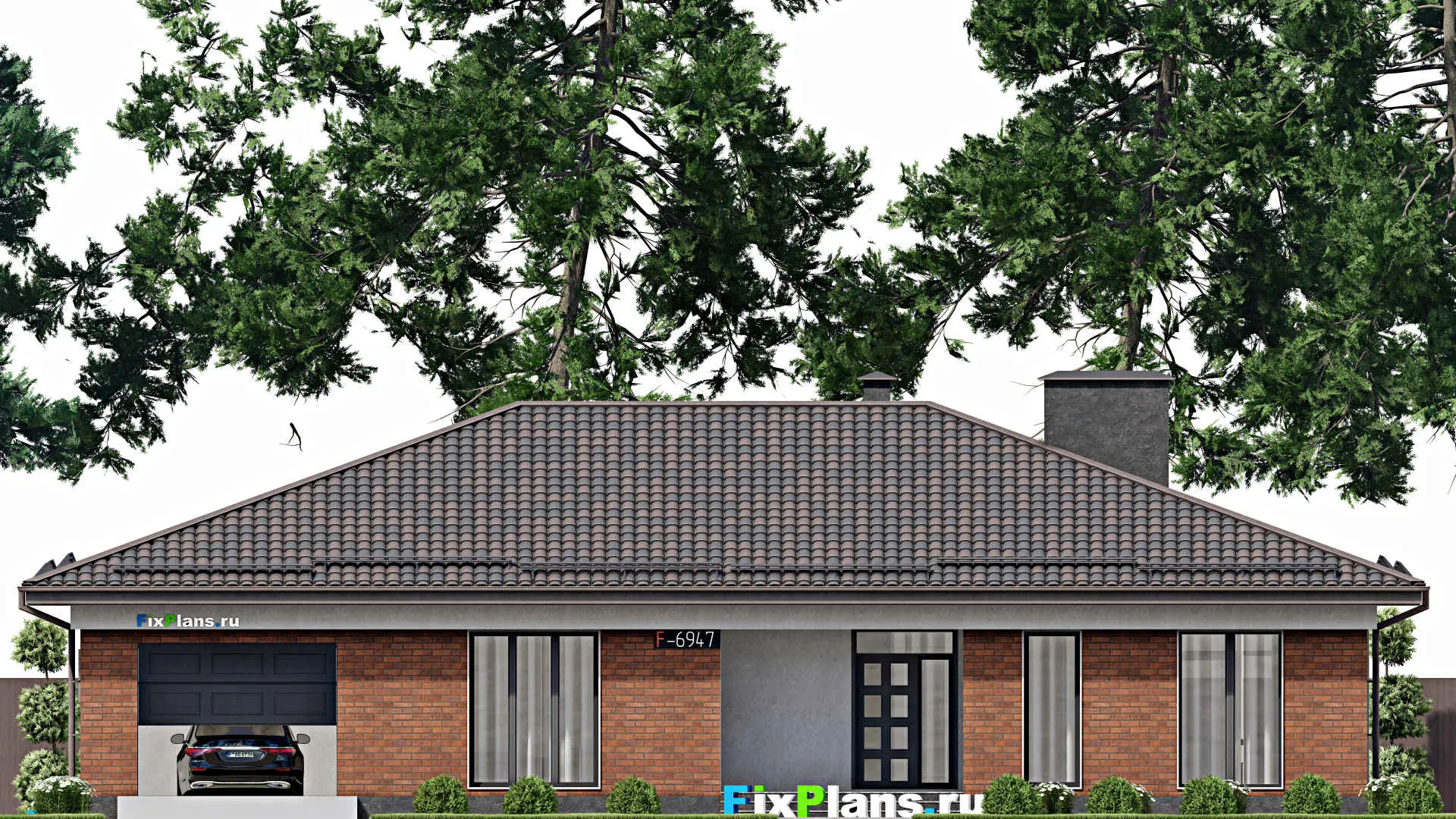 F-6947 - План одноэтажного дома 14 на 20, площадью 200 м² с террасой, гаражом на 2 машины и 3 спальнями