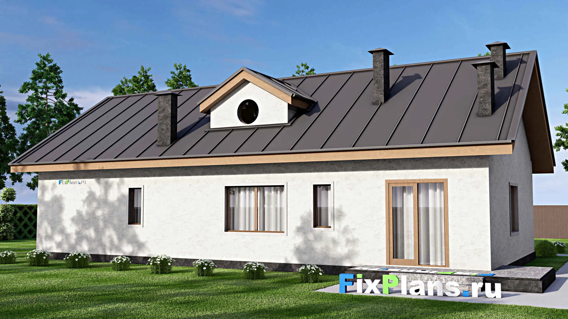 F-14336 - Проект одноэтажного дома 18 на 21, площадью 200 м² с террасой, баней, гаражом на 2 машины, бассейном и 2 спальнями