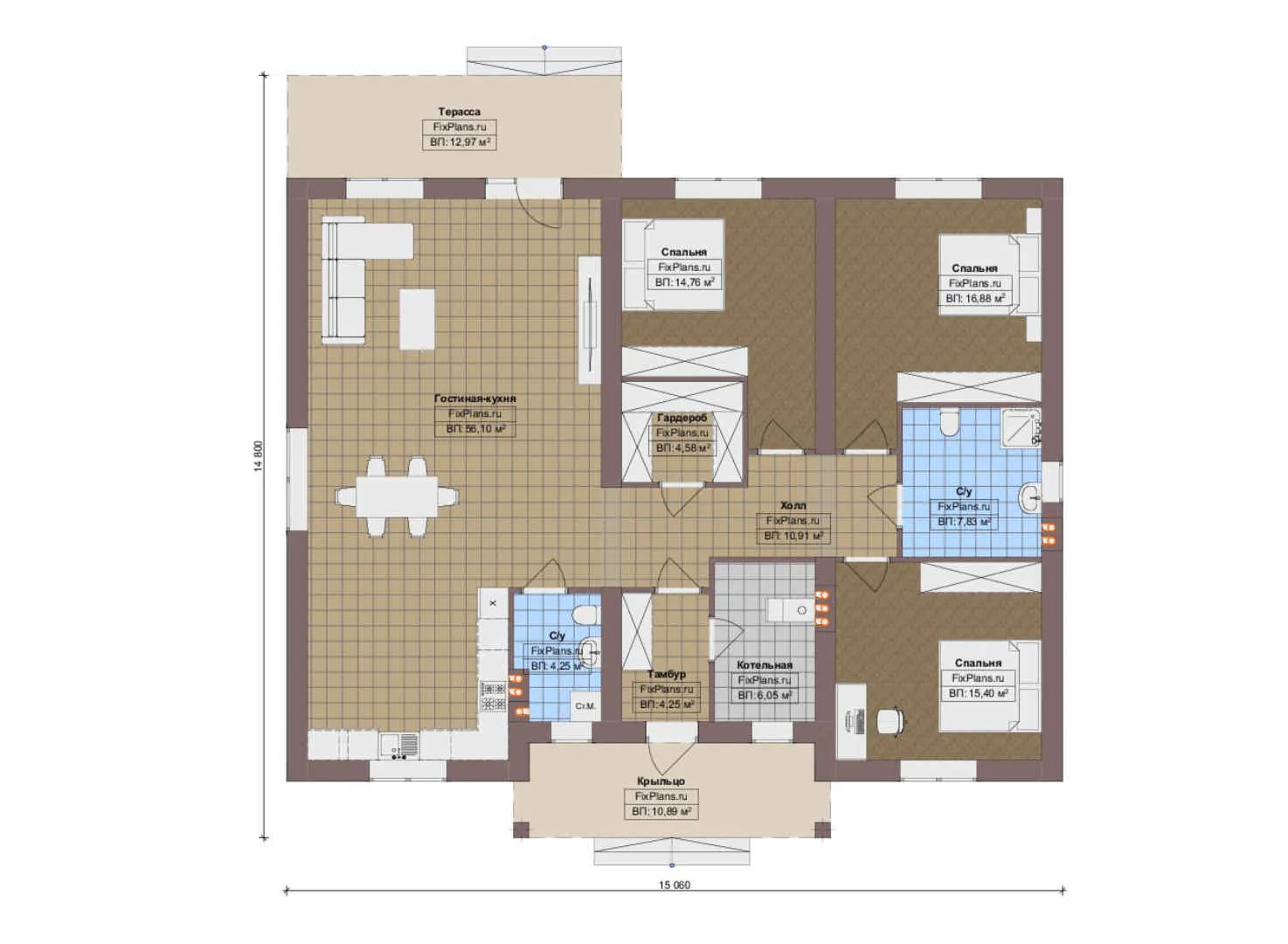 F-17918 - План одноэтажного дома 15 на 16, площадью 170 м² с террасой и 3 спальнями
