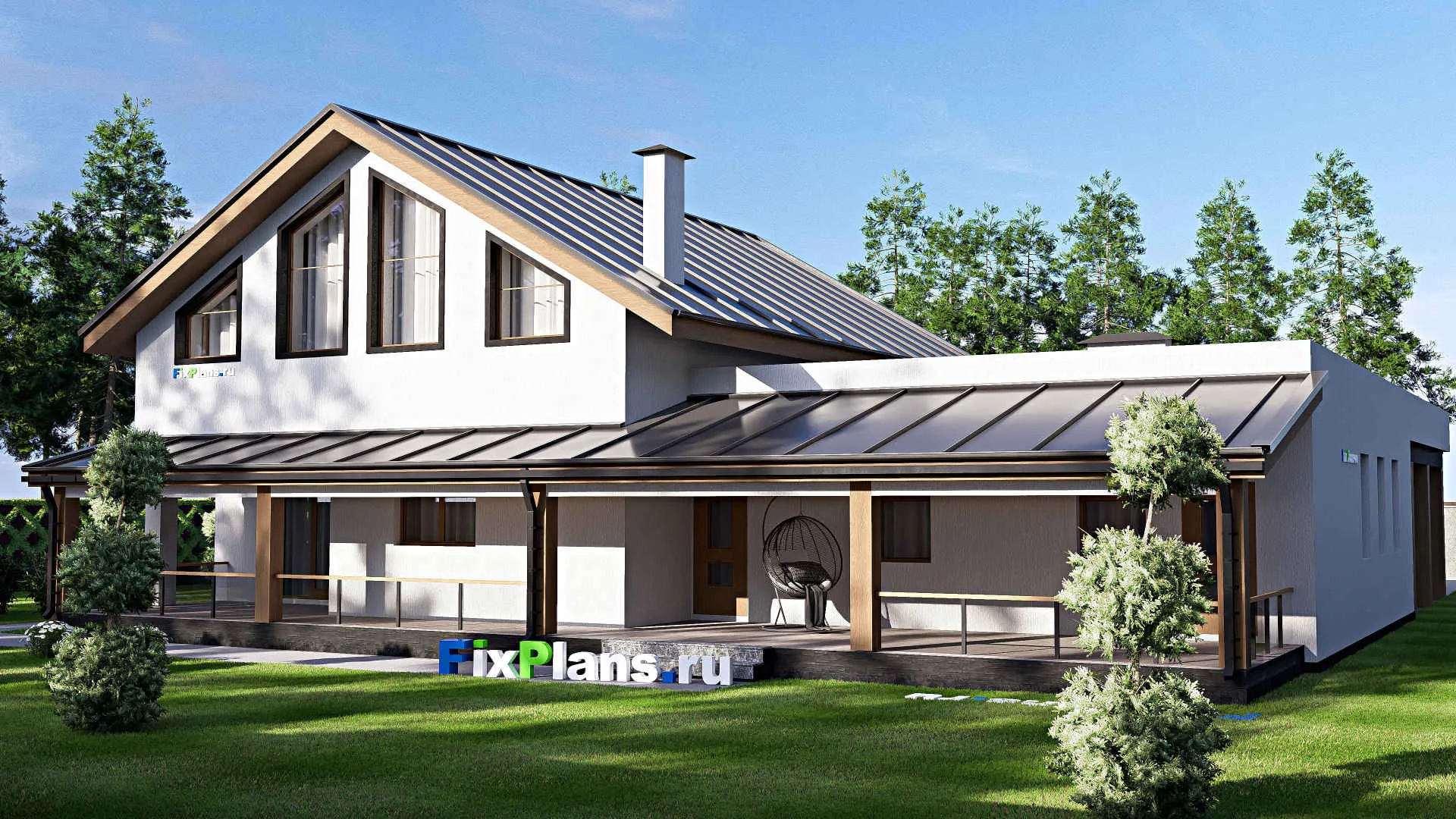 F-17900 - Планы дома с мансардой 21 на 24, площадью 380 м² с террасой, гаражом на 2 машины и 2 спальнями