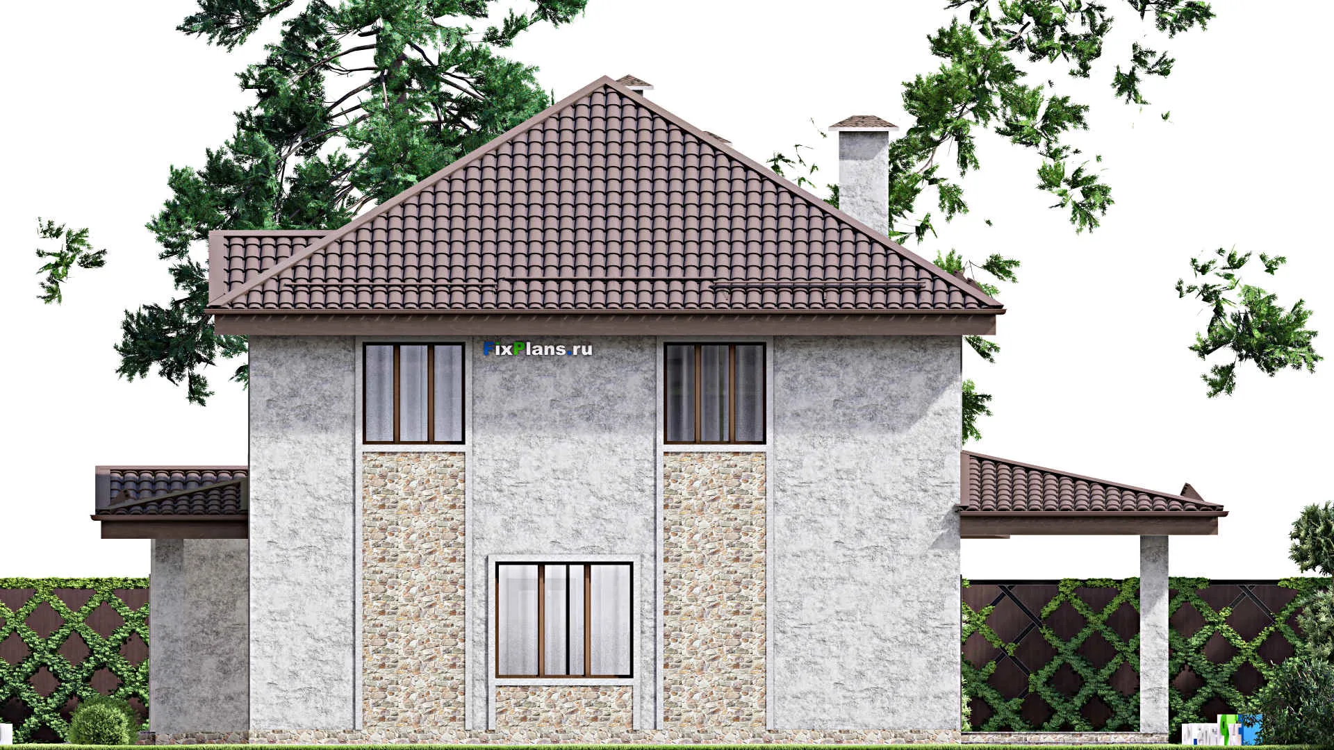 F-13436 - Проект двухэтажного дома 14 на 15, площадью 210 м² с террасой, баней, гаражом на 1 машину и 3 спальнями