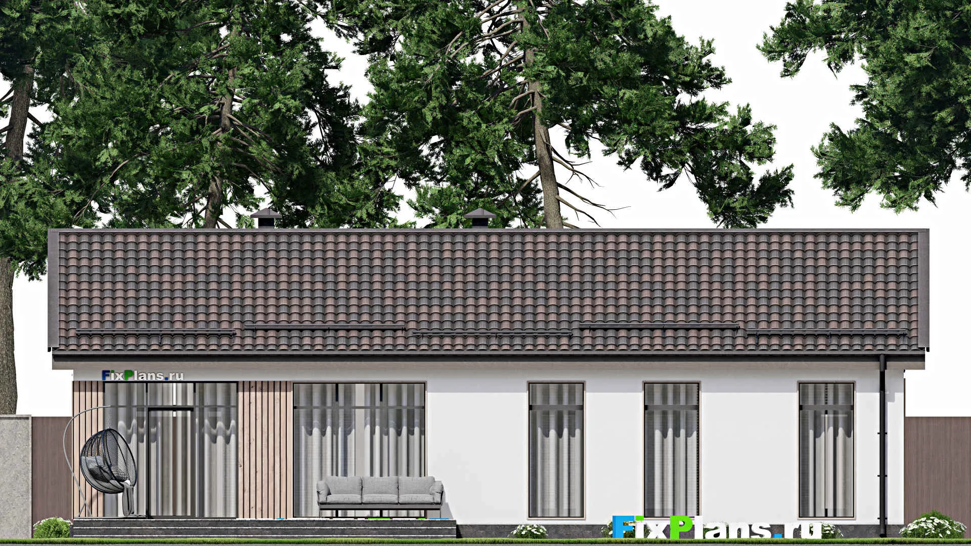 F-6038 - Проект одноэтажного дома 9 на 16, площадью 140 м² с террасой и 3 спальнями