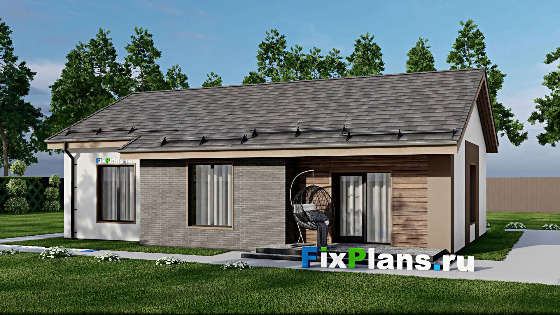 F-7262 - Проект одноэтажного дома 12 на 14, площадью 110 м² с террасой и 3 спальнями